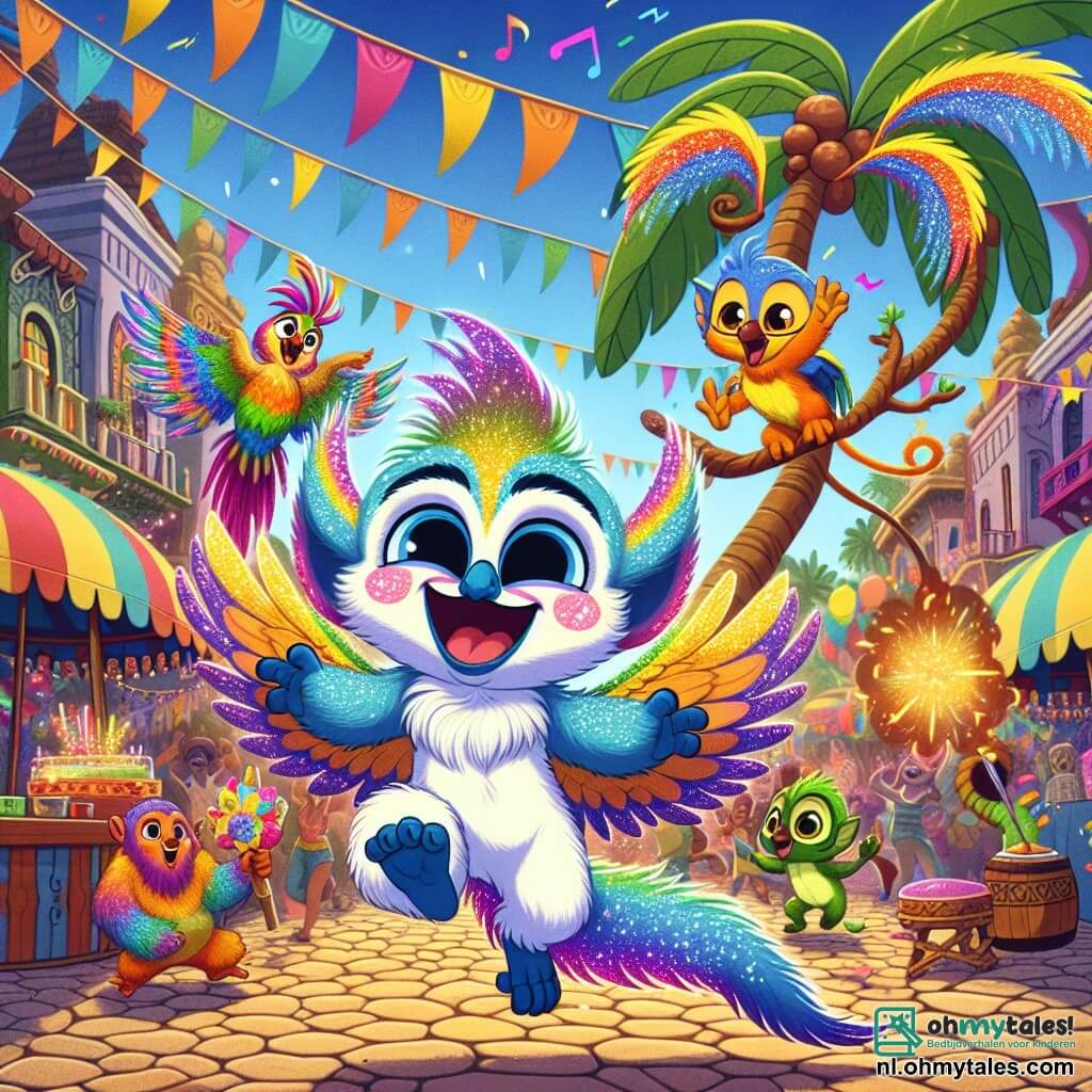 Fizzel, een klein magisch wezentje met kleurrijke vacht die glanst als een regenboog, danst vrolijk midden op een drukke straat, zijn gezicht straalt van blijdschap en opwinding. Naast hem vliegt Pico, een grote en levendige parkiet met schitterende veren, enthousiast op, zijn ogen sprankelen van vreugde terwijl hij Fizzel aanmoedigt om te dansen. Jambo, een ondeugende aap met een lange en behendige staart, springt van tak naar tak, lachend en klappend, wat bijdraagt aan de feestelijke energie van de scène. De achtergrond toont een carnaval dorp, vol felle kleuren: vlaggen wapperen in de wind, kleurrijke ballonnen versieren de geplaveide straten, en kraampjes bieden zoete lekkernijen aan. Op de achtergrond staat een grote palmboom majestueus, terwijl muzikanten vrolijke melodieën spelen, wat een blije en feestelijke sfeer creëert. De hoofdscène toont Fizzel, Pico en Jambo die samen vieren, dansend en lachend, omringd door blije mensen die klappen en dansen, wat de geest van het carnaval en de vriendschap die hen verbindt, vastlegt.
