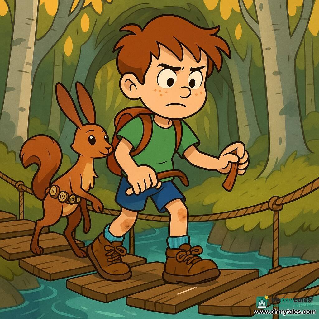 A 12-year-old boy with a round face, freckles and messy chestnut hair, looking determined but slightly worried, cautiously walks across a rope-plank bridge holding a small piece of white chalk and a scrap of strap, his shoelaces double-knotted and knees a bit dirty; behind him stands Buttonwick, a dog-sized nonhuman creature with a rabbit body, long fawn-like legs, a bushy squirrel tail and a belt of shiny buttons, one paw on a plank as if encouraging him; below, a translucent glassy blue river with silver highlights flows slowly around the bridge posts; the scene is set in a forest of silver trunks and yellow lantern-shaped leaves with thick green moss, golden sunbeams and a twig archway marking the path, capturing a quiet tense moment as the boy marks each plank with chalk, steps, and the creaking bridge gently sways, conveying calm effort and perseverance.