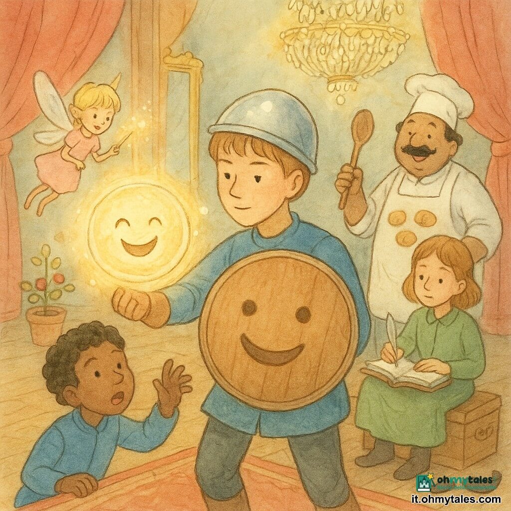 Il principe Tito (ragazzo, circa 14 anni) è calmo e concentrato, volto dolce, capelli castano chiaro corti, con un elmo lucido e un grande scudo rotondo di legno dipinto con un ampio sorriso; tende lo scudo verso una piccola bolla luminosa con una risatina, come per aspirarla. La fata Birillina (bambina, aspetto di lucciola, capelli biondi corti, ali traslucide) vola a sinistra agitando una bacchetta scintillante, sorriso malizioso e vestito rosa pallido. Mino il paggio (bambino, circa 10 anni) è inginocchiato sul tappeto, intenta a catturare una risatina che esce, espressione sorpresa e guance arrossate, giacca blu; Lina la paggia (ragazza, circa 11 anni) è seduta su un baule dietro Tito con un taccuino e una piuma, sguardo concentrato, vestiti verdi. Ubaldo il cuoco (uomo, circa 45 anni) sta a destra, robusto, baffi tondi, grembiule pieno di biscotti, tiene un grande cucchiaio che canta, sorriso indulgente. La sala prove del castello è ampia e calda: parquet lucido, grandi specchi dorati, pesanti tende rosse, lampadario di cristallo con piccole bolle luminose; alcuni oggetti di scena sparsi. L'atmosfera è vivace e giocosa: bolle di risate volano, luci soffuse e palette pastello. Composizione centrata sul principe con gli altri disposti a mezza luna; stile con linee sottili, acquerelli trasparenti e texture di carta, atmosfera luminosa e gioiosa.