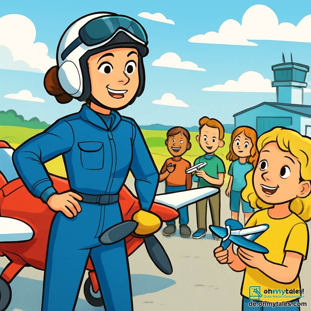 Eine junge Pilotin, Jule, mit braunem, zum Dutt gebundenem Haar, trägt einen blauen Fluganzug und einen Pilotenhelm. Ihr Gesicht drückt Entschlossenheit und Freude aus, ihre Augen leuchten vor Aufregung, während sie neben ihrem kleinen roten Flugzeug mit weißen Flügeln steht, bereit zum Abheben. Neben ihr beobachtet Leni, ein 10-jähriges Mädchen mit lockigem, blondem Haar, bewundernd und hält ein kleines Plastikflugzeug in den Händen. Im Hintergrund schaut eine Gruppe von Kindern im Alter von 8 bis 12 Jahren mit bewundernden Lächeln zu, einige halten Spielzeugflugzeuge. Der Ort ist ein kleiner Flughafen, umgeben von grünen Feldern, mit einem klaren blauen Himmel, der mit einigen weißen Wolken gesprenkelt ist. Die Hauptsituation zeigt Jule und Leni, die sich auf ihren Flug vorbereiten, umgeben von der Begeisterung der Kinder, bereit für ein Luftabenteuer.