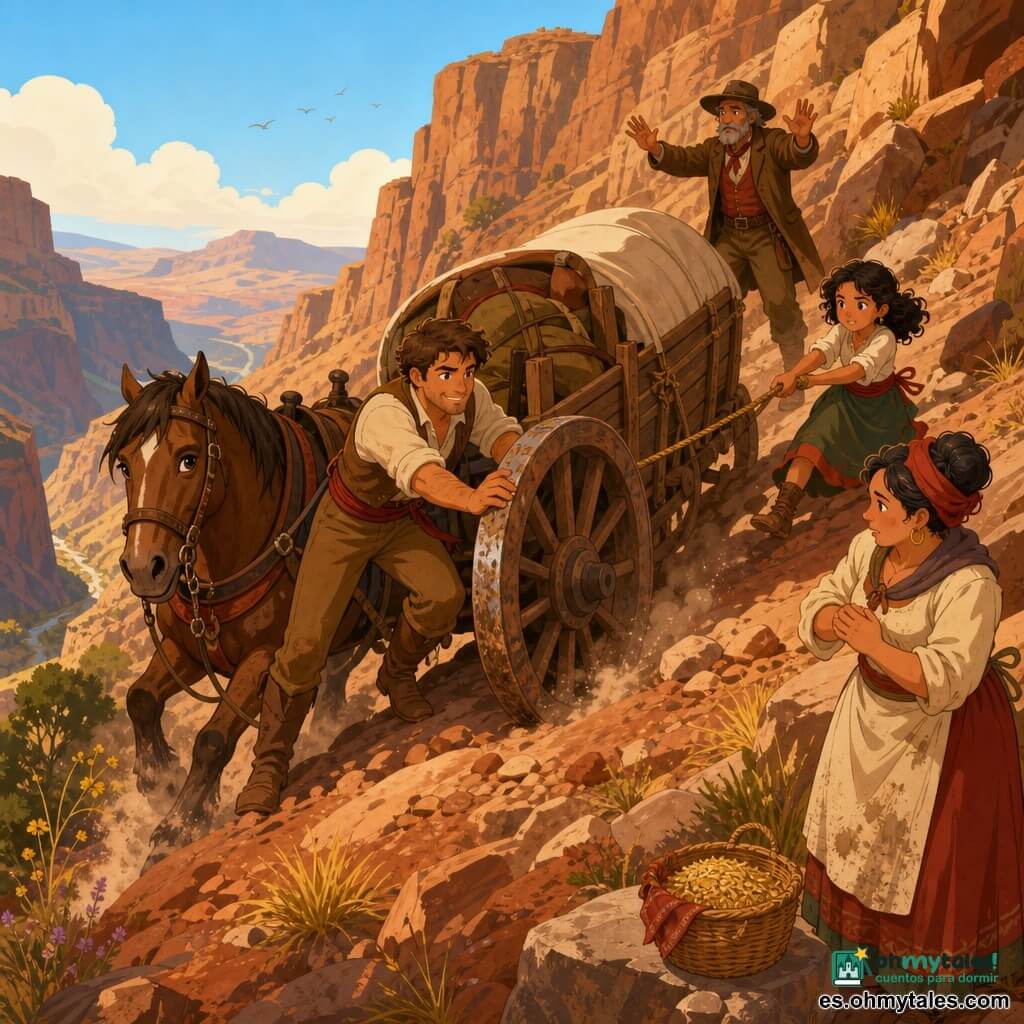Personaje principal Mateo, hombre de piel bronceada, pelo castaño corto y sonrisa decidida, empuja con todas sus fuerzas una gran rueda de carreta embarrada; a su lado Trueno, un caballo montado de pelo castaño brillante, con las riendas en manos de Mateo; Lúa, niña de 9 años de rizos negros, concentrada y entusiasta, sostiene un lazo y estabiliza la carreta por detrás; el capitán, hombre de unos 50 años con barba canosa y sombrero gastado, da instrucciones desde la pendiente con el brazo en alto; Doña Rosa, cocinera de unos 45 años con delantal manchado, observa preocupada junto a un cesto de avena sobre una roca. La escena transcurre en una pendiente rocosa de un cañón estrecho, tierra roja, rocas ocres, hierba amarilla y nubes de polvo bajo las ruedas; la carreta pesada está atascada y todos cooperan, mostrando solidaridad en gestos y miradas. Colores vivos y contrastados (ocres, azules cielo, verdes apagados, acentos rojos), luz cálida de fin de tarde y sombras largas. Estilo gráfico: formas simples, contornos definidos, texturas planas y detalles legibles a pequeña escala, visual cálido y reconfortante para niños.