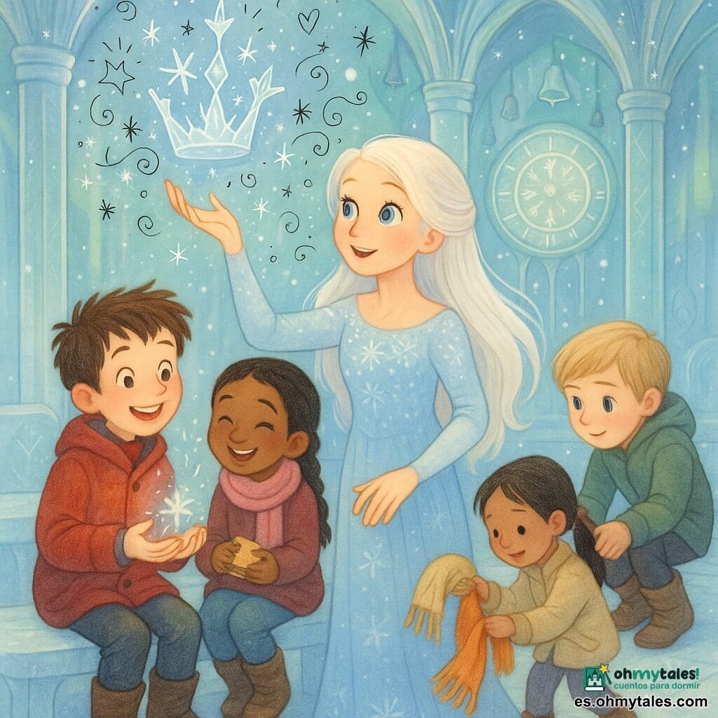 La Reina de las Nieves (cuento de Hans Christian Andersen), rostro sereno y asombrado, pelo largo y blanco, vestido azul pálido bordado de cristales, extiende la mano hacia una corona de hielo que se parte en copos luminosos que caen suavemente y tocan a cada niño; Pablo (unos 9 años), pelo castaño alborotado, abrigo rojo, sostiene en la palma una pequeña semilla de hielo que estalla en luz; Sofía (unos 8 años), trenza y bufanda rosa, sonríe compartiendo un pequeño sándwich junto a un banco de hielo; Erik (unos 10 años), rubio, botas robustas, ayuda a otra niña a recoger una bufanda; gran salón del palacio de hielo con columnas translúcidas, muros que reflejan auroras, suelo como lago helado con motivos de cristales y un gran reloj de hielo y luz en el centro que emite campanillas plateadas y cuyo cuadrante centellea, creando una atmósfera cálida y mágica pese al paisaje helado.
