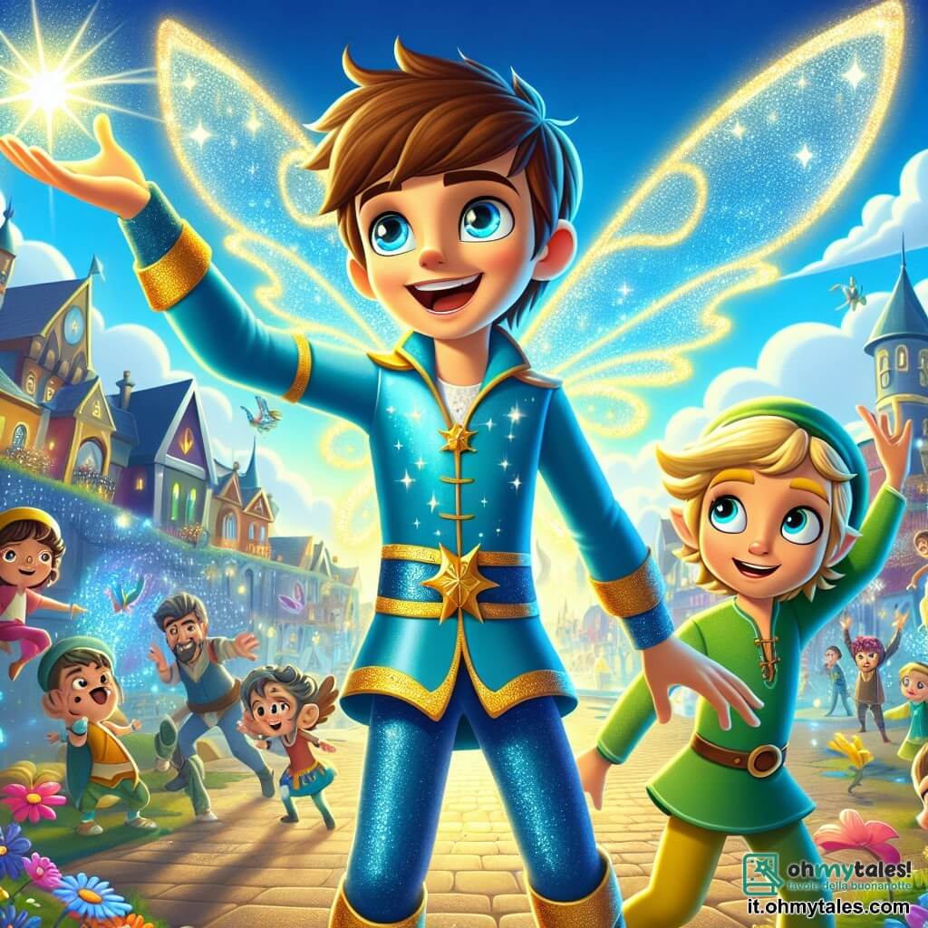 Max, un uomo dai capelli castani e dagli occhi scintillanti, indossa un costume colorato blu e giallo che brilla alla luce. Ha un sorriso determinato e gioioso, alzando la mano per far brillare una luce intensa. Accanto a lui, Lucio, un ragazzino dai capelli biondi e dagli occhi allegri, indossa una tunica verde e ali scintillanti. Lo guarda con ammirazione, le braccia aperte, pronto a spiccare il volo. La scena si svolge nel cuore di Luminarville, una città vibrante con case dai colori vivaci, fiori danzanti e uccelli cantanti. Il cielo è di un blu intenso, punteggiato da nuvole bianche e soffici. Max e Lucio si trovano davanti a un'ombra misteriosa che sembra dissiparsi alla luce di Max, mentre cittadini curiosi li osservano con espressioni di sorpresa e meraviglia.