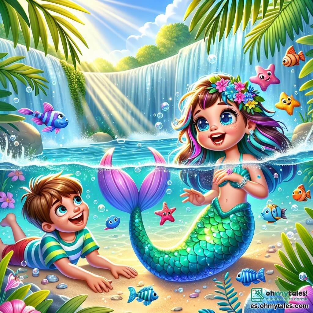En un oasis mágico, una sirena llamada Marina, con escamas brillantes de colores turquesa y violeta, expresa una gran alegría. Sus largos cabellos ondulan como algas en el agua, y sonríe con ojos chispeantes, sosteniendo una estrella de mar en sus manos. A su lado, un niño de 10 años llamado Lucas, con cabello castaño y ojos brillantes, mira con asombro. Lleva una camiseta colorida y un short, y está de rodillas en la orilla del agua, listo para sumergir sus manos en el agua clara. El oasis está rodeado de palmeras exuberantes, con flores brillantes que flotan en el agua, mientras los rayos del sol filtran a través de las hojas, creando un juego de luz mágico en la superficie del agua. La escena muestra a Marina y Lucas riendo juntos, rodeados de burbujas de agua y peces coloridos, mientras descubren la belleza de su entorno y se preparan para vivir una aventura fantástica.