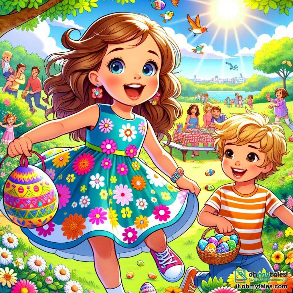 Una bambina di 4 anni, Sofia, con lunghi capelli castani e occhi brillanti di curiosità, sta saltando di gioia in un parco soleggiato. Indossa un vestito colorato decorato con motivi floreali e tiene tra le braccia un grande uovo di Pasqua dipinto con colori vivaci, il suo viso è radioso di eccitazione. Accanto a lei c'è Marco, un bambino di 4 anni con capelli biondi disordinati e un sorriso splendente. Tiene un piccolo cestino pieno di uova colorate e guarda Sofia con entusiasmo, pronto a seguirla nella sua avventura. Il parco è pieno di fiori vivaci, alberi verdi e un cielo blu chiaro punteggiato di nuvole bianche. Famiglie si riuniscono attorno a tavoli da picnic, e i bambini ridono e giocano nelle vicinanze. La scena principale mostra Sofia e Marco che scoprono un grande uovo di Pasqua decorato, con un messaggio misterioso che li invita a seguire le uova colorate per vivere insieme un'avventura magica.
