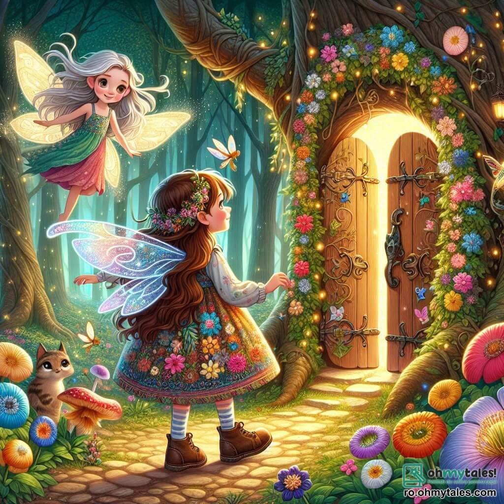 O fetiță de 10 ani, numită Ana, stă în centrul imaginii, cu ochii mari de curiozitate și emoție. Are părul lung, ondulat și brunet, o rochie colorată cu motive florale și pantofi din piele uzată. Ana privește o ușă magică mică din lemn, împodobită cu flori strălucitoare și liane, care scintilează într-o lumină aurie. Lângă ea, o zână pe nume Lila, cu aripi translucide și strălucitoare, plutește ușor deasupra solului. Lila are părul lung și argintiu și poartă o rochie din petale de flori. Lila zâmbește cu bunătate, încurajând-o pe Ana să treacă prin ușă. În fundal, pădurea magică se întinde, plină de copaci uriași cu trunchiuri noduroase și frunze strălucitoare. Atmosfera de aventură și mister este accentuată de razele de lumină care filtrează prin crengile copacilor, iluminându-le calea.