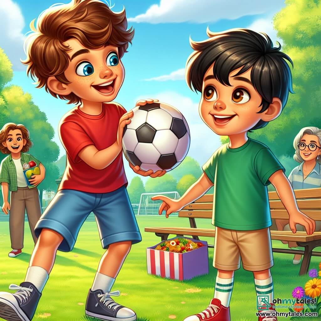 A 12-year-old boy, Jamie, with messy brown hair and bright blue eyes, smiles enthusiastically as he shows a soccer ball to his new friend. He wears a red t-shirt and blue shorts, standing on a green playground surrounded by colorful flowers. Next to him, Mateo, a 12-year-old boy of Spanish descent with black hair and brown eyes, looks at the ball with a mix of excitement and nervousness. He wears a green t-shirt and beige shorts, standing slightly back, ready to try playing. In the background, Clara, Mateo's mother, a woman in her thirties with brown hair and fair skin, smiles at her son while holding a paella box, a symbol of their Spanish culture. The setting is a sunny park in Maplewood, with majestic trees, wooden benches, and a blue sky dotted with white clouds. The main scene shows Jamie encouraging Mateo to play soccer, illustrating their budding friendship and the joy of discovering new cultures together.