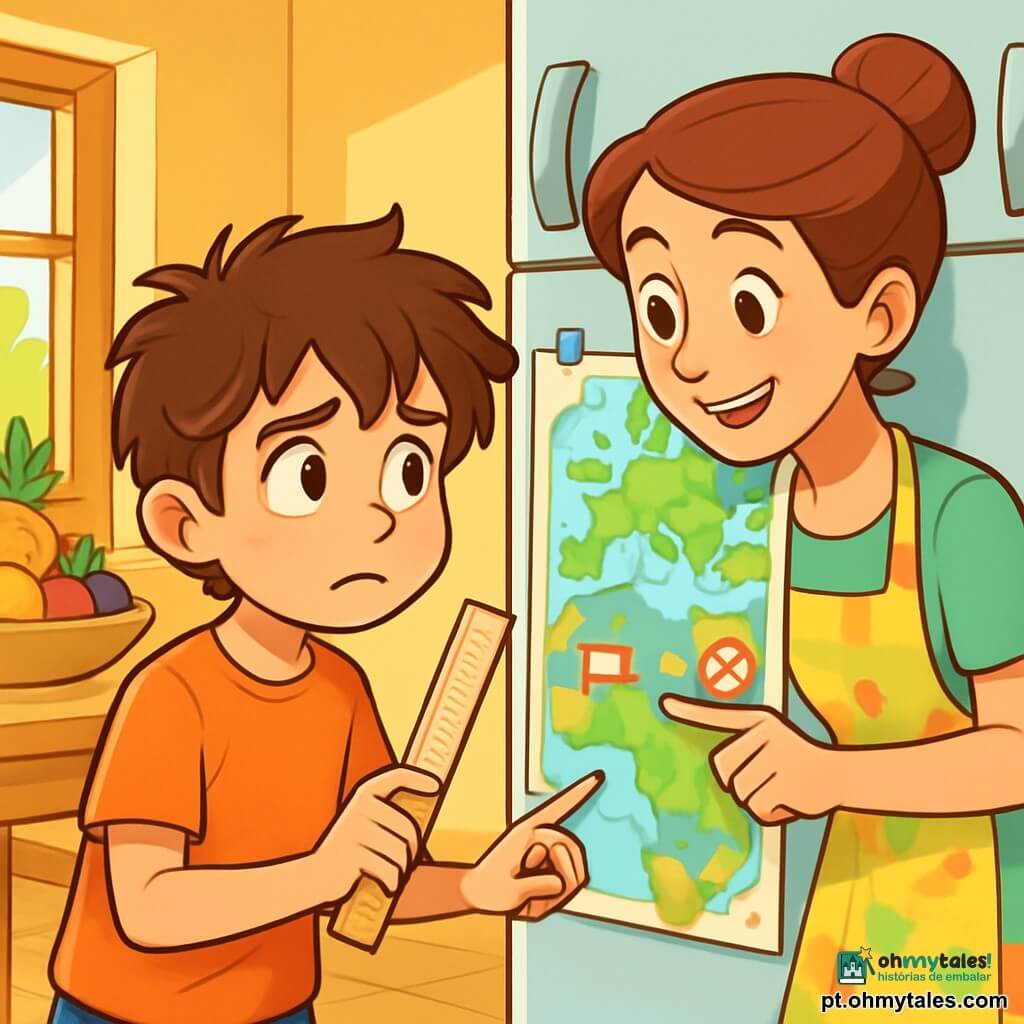Um garoto de 10 anos, Tiago, com cabelos castanhos bagunçados e olhos brilhantes de curiosidade, está em frente a um grande mapa preso à porta da geladeira. Seu rosto expressa uma leve preocupação, mas também uma determinação suave. Ele segura uma régua em uma mão, medindo as distâncias no papel. Ao lado dele, sua mãe, uma mulher na casa dos trinta anos com cabelos castanhos presos em um coque, sorri com benevolência enquanto lhe mostra símbolos no mapa. Ela usa um avental colorido, cheio de manchas de cozinha, e se inclina levemente para ele, encorajando-o. O cenário é uma cozinha acolhedora, com paredes pintadas de amarelo pastel, uma mesa de madeira cheia de frutas frescas e uma janela que deixa entrar a luz do sol, iluminando a cena. A situação principal mostra Tiago e sua mãe explorando o mundo através do mapa, discutindo distâncias e símbolos, enquanto compartilham um momento de cumplicidade e aprendizado sobre a guerra e a solidariedade.
