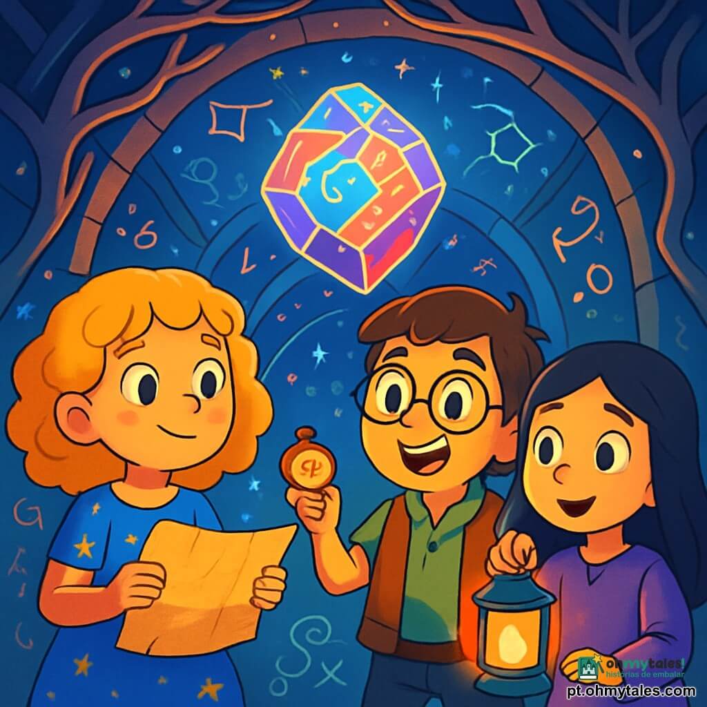 Há 3 personagens: - Leonor: uma menina de 10 anos, com cabelos cacheados e dourados, vestindo um vestido azul adornado com padrões de estrelas. Ela segura um velho pergaminho nas mãos e olha com curiosidade para a frente. - Guilherme: um garoto de 9 anos, com cabelos castanhos e óculos redondos. Ele usa uma camisa verde e um colete de couro, segurando uma pequena bússola que brilha em sua mão. Ele está ligeiramente à frente, mostrando entusiasmo em seu rosto. - Inês: uma menina de 8 anos, com cabelos lisos e negros, vestida com uma túnica roxa. Ela segura uma lanterna de cristal que ilumina seu rosto com uma suave luz. Ela está ao lado de Leonor, pronta para avançar. O local da situação principal é um túnel mágico, com paredes cintilantes, cobertas de símbolos luminosos que parecem dançar. O teto é adornado com constelações brilhantes, e raízes de árvores metálicas se entrelaçam ao redor deles, criando uma atmosfera misteriosa e encantadora. A situação principal da história mostra os três amigos descobrindo a Pedra Circuitada, uma pedra mágica flutuando no centro do túnel, emitindo cores vivas. Eles estão maravilhados, com os rostos iluminados pela luz da pedra, enquanto imagens de sonhos e esperança dançam ao seu redor.