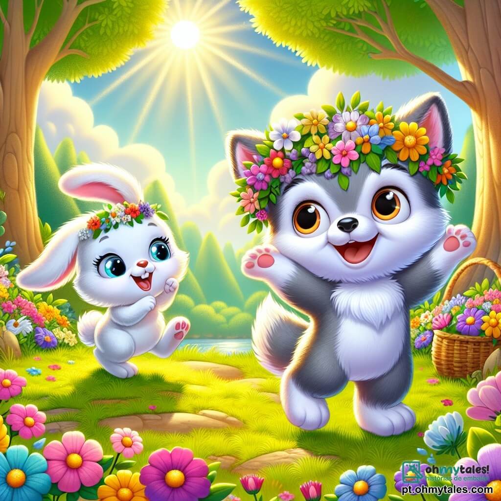 Um pequeno lobo chamado Lupi, com um pelagem cinza suave e olhos brilhantes de curiosidade, está no centro da cena, sorrindo entusiasticamente enquanto usa uma coroa de flores coloridas na cabeça. Ao seu lado, um coelhinho travesso chamado Pipo, com grandes orelhas e pelagem branca brilhante, pula de alegria, seus olhos brilhando de excitação, segurando uma pequena faixa decorada com flores. A cena ocorre em uma clareira ensolarada da floresta, onde flores multicoloridas brotam ao seu redor, criando um tapete vibrante de cores. Árvores majestosas cercam a clareira, suas folhas verdes dançando suavemente ao vento, enquanto raios de sol atravessam os galhos, iluminando a cena com uma suave luz dourada. Lupi e Pipo estão preparando um festival de primavera, cercados por seus amigos animais, todos prontos para celebrar a beleza da estação, com jogos e risos ecoando no ar alegre.