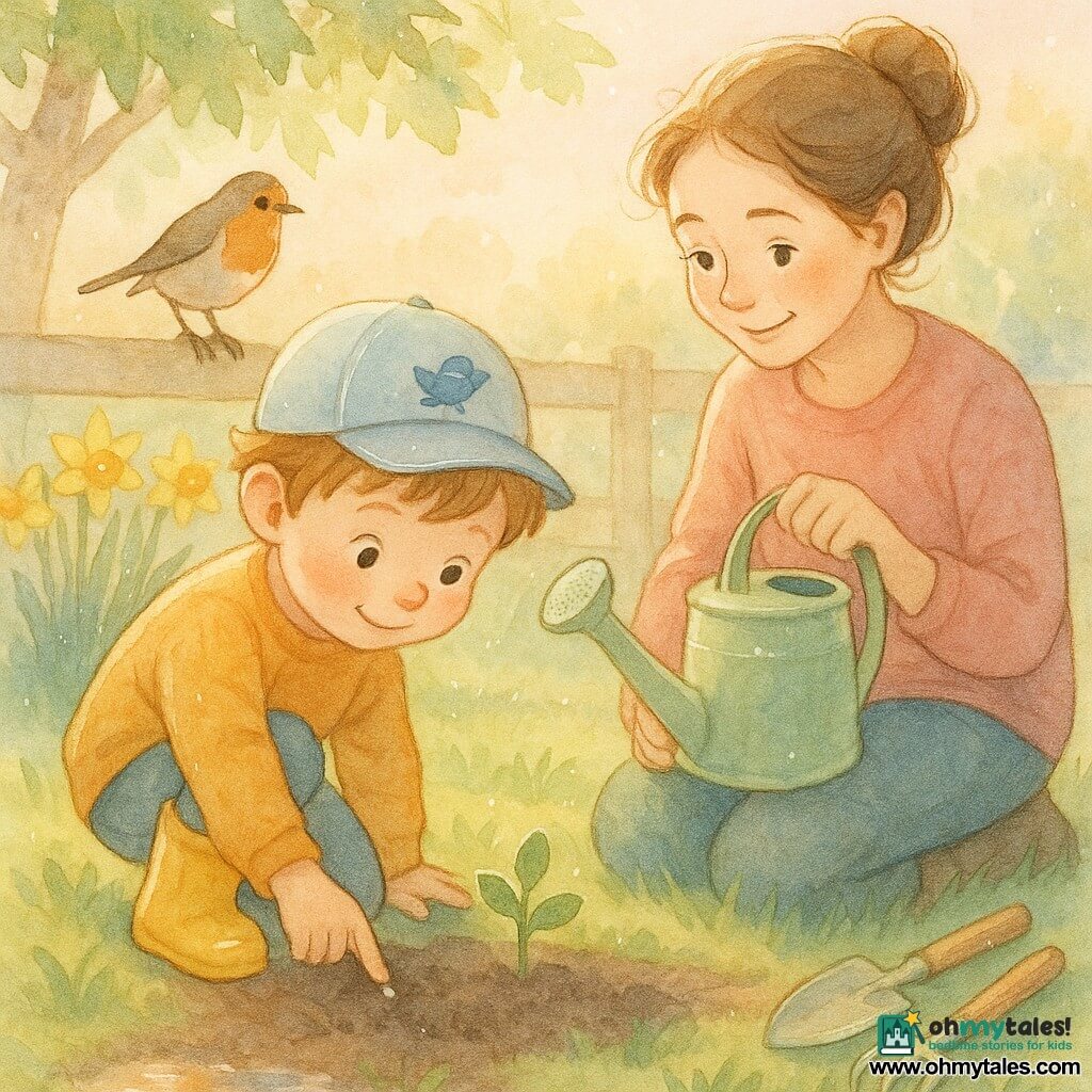 A sweet spring planting scene: a 4-year-old boy with a round face, rosy cheeks, light-brown shaggy hair, a shy smile and curious eyes kneels in dark soil wearing yellow boots and a cap with a blue bird, pressing a sunflower seed into the earth with one hand while his mother (about 30–35, brown hair in a loose bun, warm smile) sits beside him holding a pale green watering can and watching tenderly; a robin with a bright orange chest perches on the fence tilting its head; the grassy, damp garden shows shadows from a large maple, a row of yellow daffodils, a small puddle reflecting a pink morning sky, wooden gardening tools on the ground, golden morning light, pastel colors, glistening water drops on leaves and watercolor-like textures with white highlights.