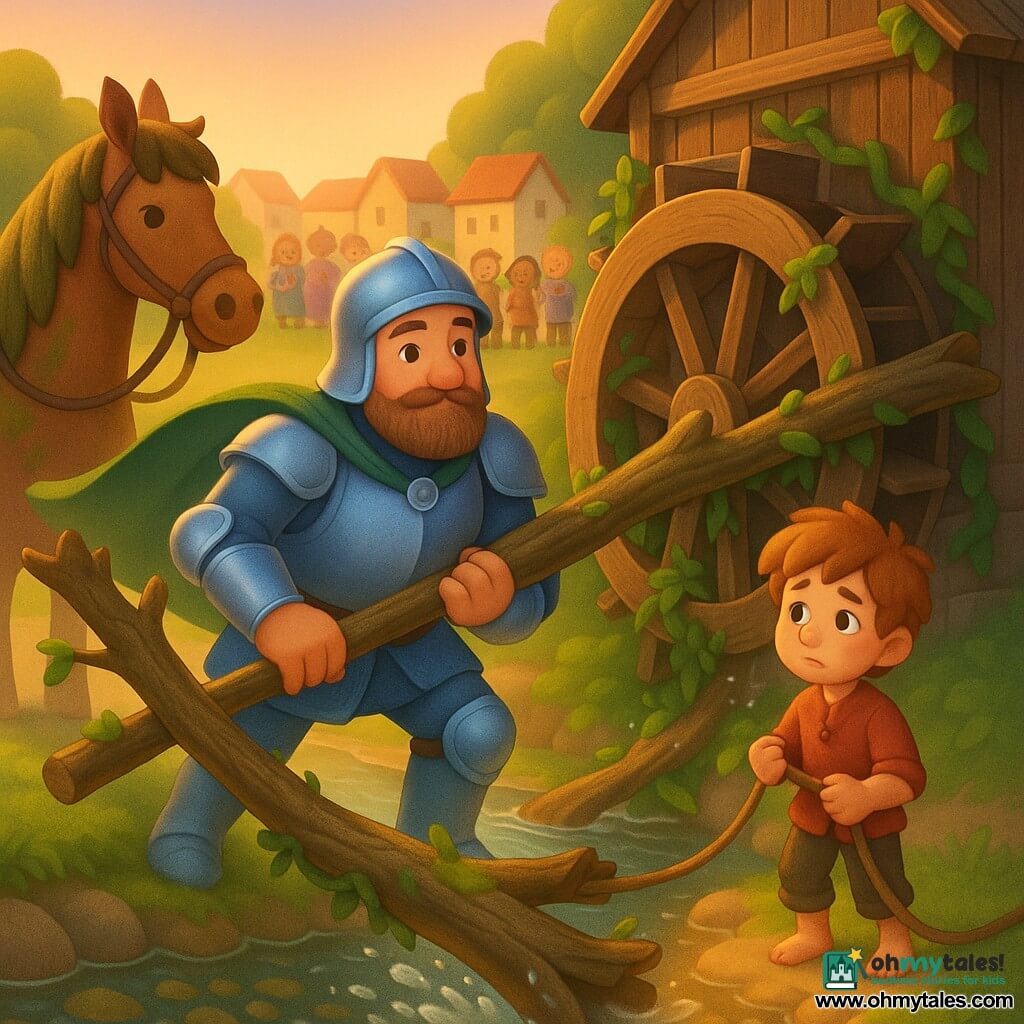 Sir Alder is a gentle, bearded knight with kind eyes and a calm, determined expression, pushing a large wooden branch with a long oak lever; he wears polished blue-silver armor, a round silver medal on his chest and a green cape blowing in the wind. Pippin, a worried but brave 12-year-old with tousled red hair, stands on the right riverbank holding a rope beside the horse. Maple, a patient brown mare with simple tack and a mossy neck, stands left of the knight. An old wooden watermill with a massive worn wheel has a thick branch stuck between the blades; the clear river reflects the golden sunset, pebbles show beneath the water and bright splashes surround the wheel. Background: small stone village with red roofs and tiny cheering villagers. Colorful, warm late-afternoon tones, soft contrasts, childlike rounded shapes and slight grainy texture; midshot composition with the central figure in action and a reassuring, heroic atmosphere.