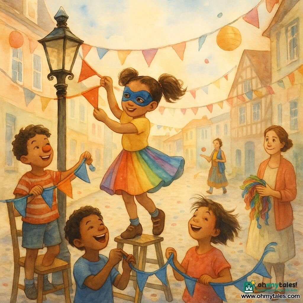 An 8-year-old girl, Rosie, smiling but focused with bouncy pigtails, a twirling rainbow skirt and a sparkling blue mask with tiny stars, climbs a small step to attach a red-and-yellow garland to an old wrought-iron lamppost; her mother, with a gentle face and encouraging smile and light brown hair up, holds a bundle of multicolored garlands on the sidewalk. An 8-year-old boy, Max, with a red clown nose painted and a big grin, steadies the garland from a chair to Rosie’s left; an 8-year-old girl, Mia, with short messy hair, laughs and holds a blue garland to Rosie’s right, looking up as the wind blows. Nearby, Mrs. Jones, about 50, in colorful clothes juggling an orange, stands by a half-timbered house. Maple Lane: shiny old cobbles, rows of pastel houses, iron lampposts, floating banners and garlands, hanging paper lanterns and scattered confetti. Main scene: carnival preparations in a light breeze—colorful garlands waving, children helping each other, smiles, movement and a soft late-afternoon light.