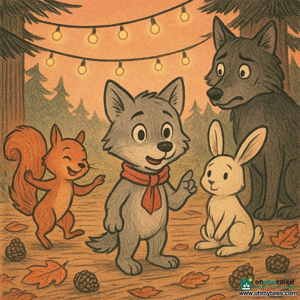 A youthful, childlike wolf named Toby with a soft face, bright eyes, light gray fur and a small red scarf stands center, one paw raised as he speaks; Mia the squirrel, small with reddish fur and a bushy tail, smiles encouragingly and spins like a dancer to Toby's left; Benny the rabbit, cream fur and long drooping ears, sits just behind Toby looking comforted and holding his paw; Rex, a large dark-furred wolf with a faint scar, stands hesitantly to the right, surprised and ashamed; setting: the Pinecone Dance Club clearing with worn log flooring, scattered pinecone rugs, yellow string lights between pines, orange-gold autumn leaves and a pink-orange sunset sky; mood: a warm, hopeful, reconciliatory moment of calm confrontation and solidarity, soft colors and warm contrasts.