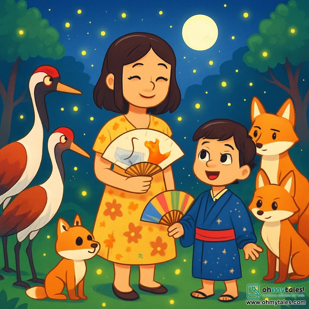 A woman named Hanako, in her thirties, wears a light floral dress, her eyes sparkling with curiosity and kindness. She stands in the center of a glade illuminated by thousands of fireflies, a soothing smile on her face, holding a fan painted with cranes and foxes. To her right, a child named Shin, about 8 years old, wears a shimmering kimono and a red cord around his waist, his eyes shining with innocence and hope as he twirls a colorful fan. On the left, two families, the Red Cranes family with vibrant feathers and proud faces, and the White Foxes family with sly features and shy smiles, look at each other hesitantly. The setting is a lush glade surrounded by majestic trees under a starry sky where the moon shines brightly. The main scene shows Hanako and Shin uniting the two families, sharing a moment of peace and reconciliation, surrounded by fireflies dancing in the night.