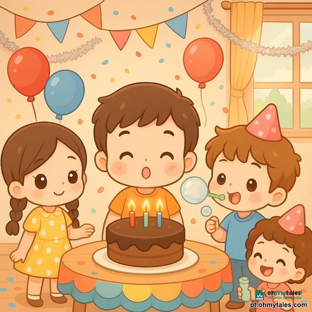 Quatro crianças numa festa de aniversário num salão luminoso: Pedro, 7 anos, cabelo castanho curto e bochechas rosadas, está ao centro em frente ao bolo de chocolate soprando as velas; Ana, 6 anos, cabelo longo trançado e vestido amarelo às bolinhas brancas, está à esquerda de Pedro colocando as últimas velas; Gui, 7 anos, cabelo castanho desgrenhado e camiseta azul, está à direita soprando grandes bolhas de sabão; Luísa, 6 anos, cabelo curto encaracolado e chapéu de festa rosa, fica ligeiramente atrás de Pedro agitando um frasco de bolhas e rindo. O ambiente inclui uma mesa redonda de madeira com o bolo, toalhas coloridas, balões vermelho, azul e amarelo, guirlandas prateadas, confetes no chão e um raio de sol entrando pela janela; atmosfera alegre, cores vivas e bolhas translucidas flutuando.
