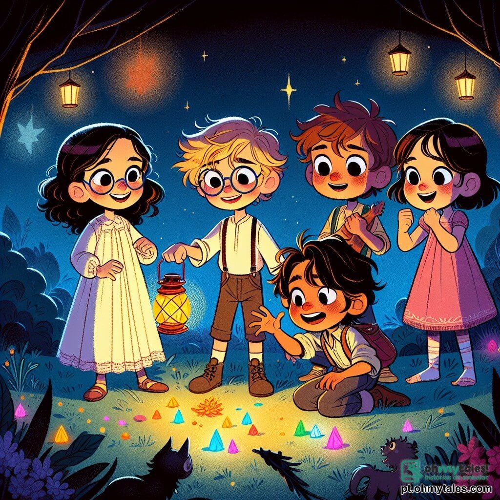 No centro da imagem, quatro crianças estão em um jardim noturno. À esquerda, Ana, uma menina de 10 anos com cabelos castanhos e óculos redondos, sorri segurando uma lanterna colorida que ilumina seu rosto. À sua direita, Lucas, um menino de 10 anos com cabelos loiros bagunçados, faz um gesto de bravura imitando a sombra de um dragão com as mãos. À direita de Lucas, Sofia, uma menina de 10 anos com cabelos cacheados e vestido rosa, conta uma história gesticulando com entusiasmo. Por fim, à direita, Miguel, um menino de 10 anos com óculos e cabelos castanhos, observa atentamente as pedras coloridas brilhantes espalhadas pelo chão, com um olhar curioso. O jardim está mergulhado em uma suave escuridão, iluminado pela luz das lanternas e pelas estrelas cintilantes no céu. Árvores com silhuetas misteriosas cercam o local, e flores noturnas de cores vivas adicionam um toque mágico à atmosfera. As crianças estão explorando seu medo do escuro brincando com lanternas e descobrindo pedras brilhantes, transformando sua apreensão em uma aventura alegre e cheia de imaginação.