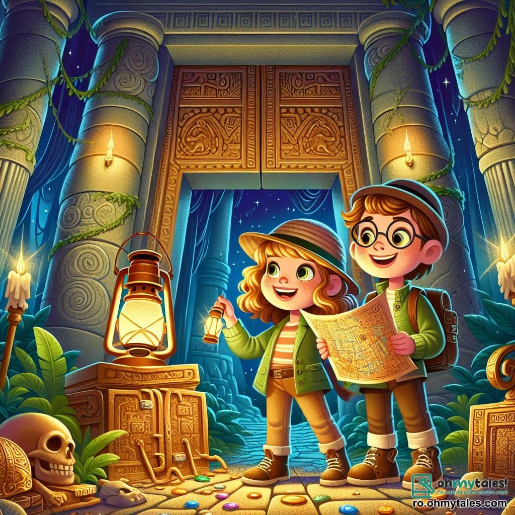 O fetiță tânără, Elena, de aproximativ 10 ani, cu părul castaniu deschis și creț, poartă o jachetă verde de aventurier și o pălărie de paie. Are o privire uimită și curioasă, ținând o lanternă care îi luminează fața zâmbitoare. Lângă ea, prietenul ei Radu, un băiat de 10 ani cu părul brunet și ochelari, privește cu fascinație o hartă veche pe care o ține în mâini, stând ușor înapoi, pregătit să o urmeze pe Elena. Scena se desfășoară într-o peșteră întinsă și întunecată, împodobită cu pereți de piatră acoperiți de viță de vie și picturi antice, cu coloane mărețe care se ridică spre tavanul boltit. Răsfrângeri de lumină emană din lanterna Elenei, dezvăluind comori strălucitoare și artefacte misterioase împrăștiate în jurul lor. Elena și Radu stau în fața unei uși mari din lemn, ornamentată cu motive sculptate, pregătiți să intre în templul uitat, cu inima bătând de emoție și anticipare.