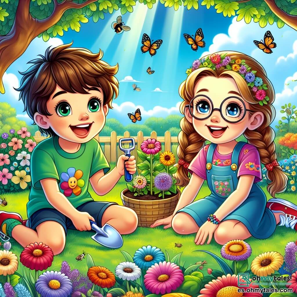 Un niño de 12 años, con el cabello castaño alborotado y ojos llenos de curiosidad, está sentado en la hierba verde del jardín, con una gran sonrisa en su rostro. Lleva una camiseta colorida y un short, sosteniendo una pequeña pala de plástico, listo para plantar flores. A su lado, una niña de 12 años, con cabello rubio trenzado y gafas redondas, observa atentamente un grupo de pequeñas abejas que polinizan las flores, su rostro brillando de asombro. El jardín es un verdadero cuadro de primavera, lleno de flores vibrantes, mariposas revoloteando y árboles en flor, bajo un cielo azul claro con nubes blancas esponjosas. Al fondo, un gran roble ofrece sombra, y los pájaros cantan alegremente en las ramas. La escena principal muestra al niño y a la niña plantando semillas juntos, rodeados de la belleza del jardín, compartiendo risas y descubrimientos sobre la naturaleza, simbolizando la amistad y la magia de la primavera.