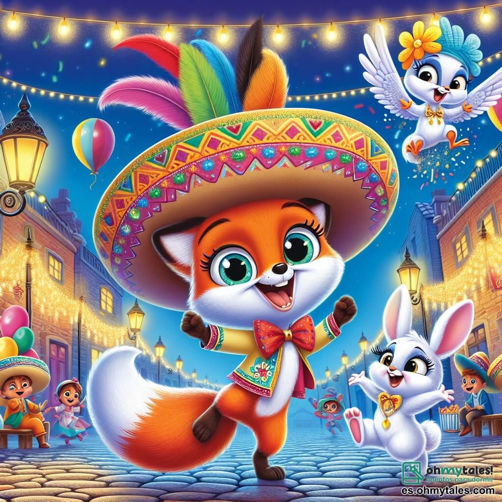 El pequeño zorrito Tomás, un zorro de pelaje naranja brillante y ojos chispeantes de alegría, lleva un sombrero colorido adornado con plumas multicolores y una capa brillante. Baila con entusiasmo en medio del carnaval, con una gran sonrisa iluminando su rostro. A su lado, Pipo, un adorable conejo blanco con grandes orejas y un moño rojo, salta de felicidad, sus ojos brillando de emoción. Luli, una pajarita con plumas brillantes de azul y amarillo, vuela alegremente a su alrededor, cantando con un aire festivo. El decorado es mágico: calles empedradas adornadas con guirnaldas de luces brillantes, globos coloridos flotando en el cielo azul y puestos de golosinas de colores vivos. Los niños ríen y bailan alrededor, creando una atmósfera festiva. La escena principal muestra a Tomás, Pipo y Luli descubriendo un gran árbol decorado con luces y cintas doradas, donde han encontrado una caja llena de caramelos y juguetes, celebrando su amistad en el corazón del carnaval.