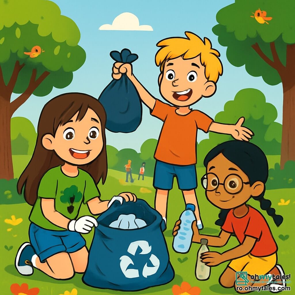 O fetiță de 10 ani, Ana, cu părul lung și brunet și ochii strălucitori de determinare, zâmbește fericită în timp ce adună deșeuri într-un parc verde. Ea poartă un tricou verde aprins cu un desen de copac și o pereche de pantaloni scurți din denim, fiind înconjurată de flori colorate. Lângă ea, Radu, un băiat de 10 ani cu părul blond și zâmbet jucăuș, ține o pungă de deșeuri și îi încurajează pe ceilalți copii să li se alăture. Maria, o fetiță de 9 ani cu împletituri negre și ochelari rotunzi, este așezată lângă o floare, examinând cu atenție o sticlă de plastic pe care se pregătește să o arunce în sacul de reciclare. Locul este un parc însorit, plin de copaci măreți, peluze verzi și flori strălucitoare, cu păsări cântând în crengi. În fundal, se văd familii care se plimbă și copii care se joacă. Situația principală arată cum Ana și prietenii ei curăță parcul, râzând și discutând fericiți, în timp ce fac un efort comun pentru a proteja natura și a sensibiliza pe ceilalți cu privire la importanța menținerii mediului curat.