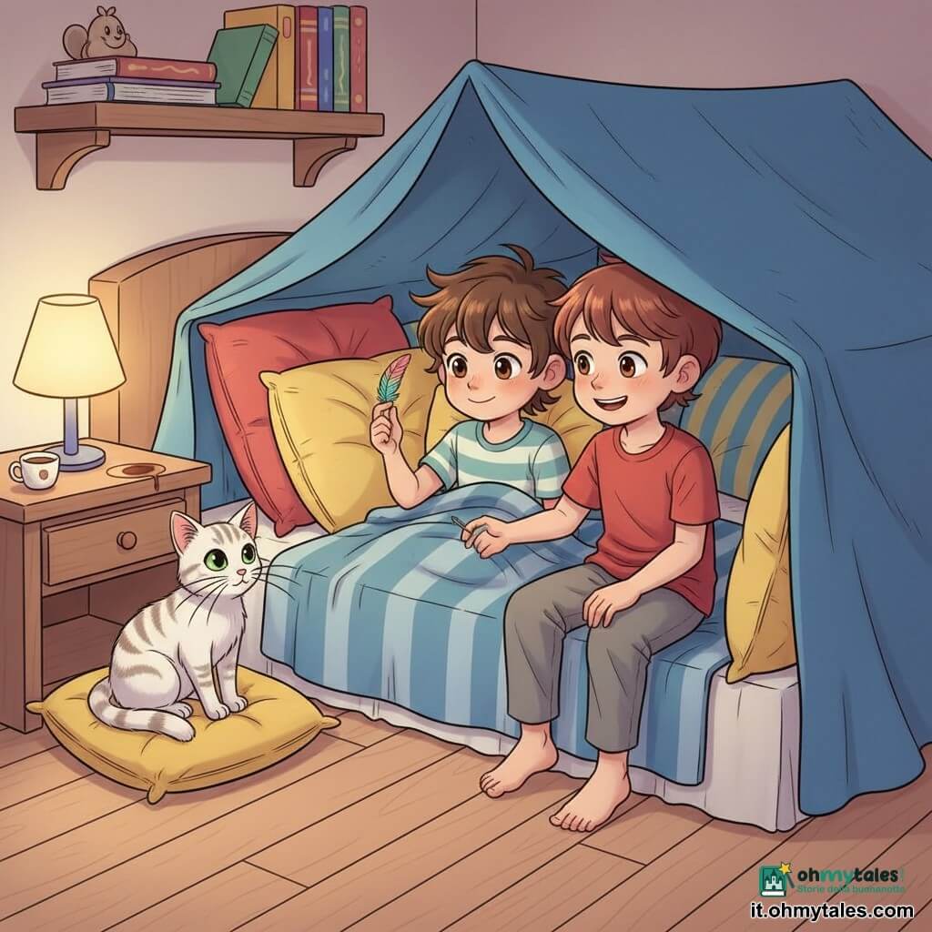 Ci sono tre personaggi: Leo, 7 anni, capelli castani spettinati, occhi nocciola, in pigiama a righe blu e bianco, sdraiato sotto la coperta con una piccola piuma colorata tra le dita al centro del letto; Marco, 8 anni, capelli corti castani, sorriso malizioso, in pantaloni da pigiama grigi e maglietta rossa, seduto sul bordo del letto con la mano sulla spalla di Leo che guarda la piuma; un gatto adulto tigrato bianco, occhi verdi e baffi lunghi, appoggiato su un cuscino vicino al forte di cuscini che osserva la scena. Ambientazione: una cameretta accogliente di notte con pavimento in legno chiaro, una mensola con libri colorati e una lampada da comodino che diffonde luce calda; il letto è trasformato in un forte con cuscini vivaci (rosso, giallo, blu) e una coperta blu a mo' di tenda, sul comodino una tazza immaginaria di cioccolata calda vuota lascia una traccia lucida. Situazione: notte dolce e giocosa: i due ragazzi costruiscono il forte per proteggere la piuma posata sotto la coperta al centro del letto, espressioni gioiose e complici, risate silenziose e postura protettiva; atmosfera calda, texture visibili e contrasti morbidi con luce della lampada e ombre tenui.