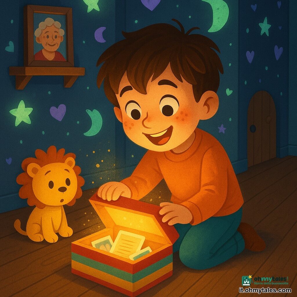 Un bambino di 8 anni, felice e meravigliato, volto rotondo con lentiggini, capelli castani spettinati e occhi grandi e luminosi, è inginocchiato davanti a una piccola scatola colorata appena aperta, con le mani ancora sul coperchio, sorriso radioso e guance arrossate; un peluche leone chiamato Leo, giallo con criniera arancione, è accanto a lui a guardare la scatola come se condividesse la sorpresa (il peluche non è umano); la nonna non è visibile ma c’è una sua foto incorniciata su una mensola, sorridente con capelli grigi ricci; il corridoio è stretto con pavimento in legno scuro e pareti dipinte con motivi fosforescenti — stelle, lune e cuori che brillano di blu e viola — e una piccola porta segreta dipinta semiaperta dietro il bambino; scena principale: una scatola-tesoro illumina il suo volto con una calda luce dorata rivelando foto di famiglia e una lettera, mentre le pitture murali luminose creano un’atmosfera magica e rassicurante; stile: illustrazione vettoriale pulita, colori vivaci e contrastati, ombre morbide e texture semplici adatte a un libro per bambini.