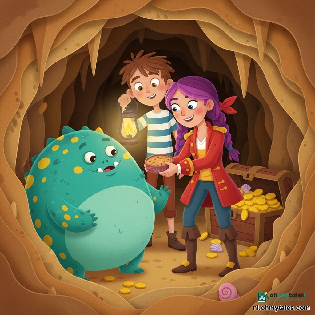 Kapitein Lila, een vrolijke moedige piratenvrouw van ongeveer 28 jaar met paarse gevlochten haren en een rode jas met gouden knopen, biedt vriendelijk een koekjestrommel aan een groot rond monster aan; Joris, ongeveer 10 jaar met warrig bruin haar en een blauw-wit gestreept shirt, staat nieuwsgierig vlak achter haar met een brandende lamp in zijn linkerhand; het monster heeft turquoise geschubde huid met gele vlekken, grote zachte ogen en een brede mond met afgeronde tanden, en snuffelt verrast en blij aan de koekjes; de scène speelt zich in een grot op een tropisch strand af met okerkleurige rotswanden, uitgesneden stalactieten, warme lampverlichting die zachte schaduwen werpt en op de achtergrond een halfbegraven kist met gouden munten en gekleurde schelpen; sfeer teder en vredig, vriendelijk kantoor, eenvoudige compositie, heldere contrasterende kleuren en zichtbare papierachtige texturen.