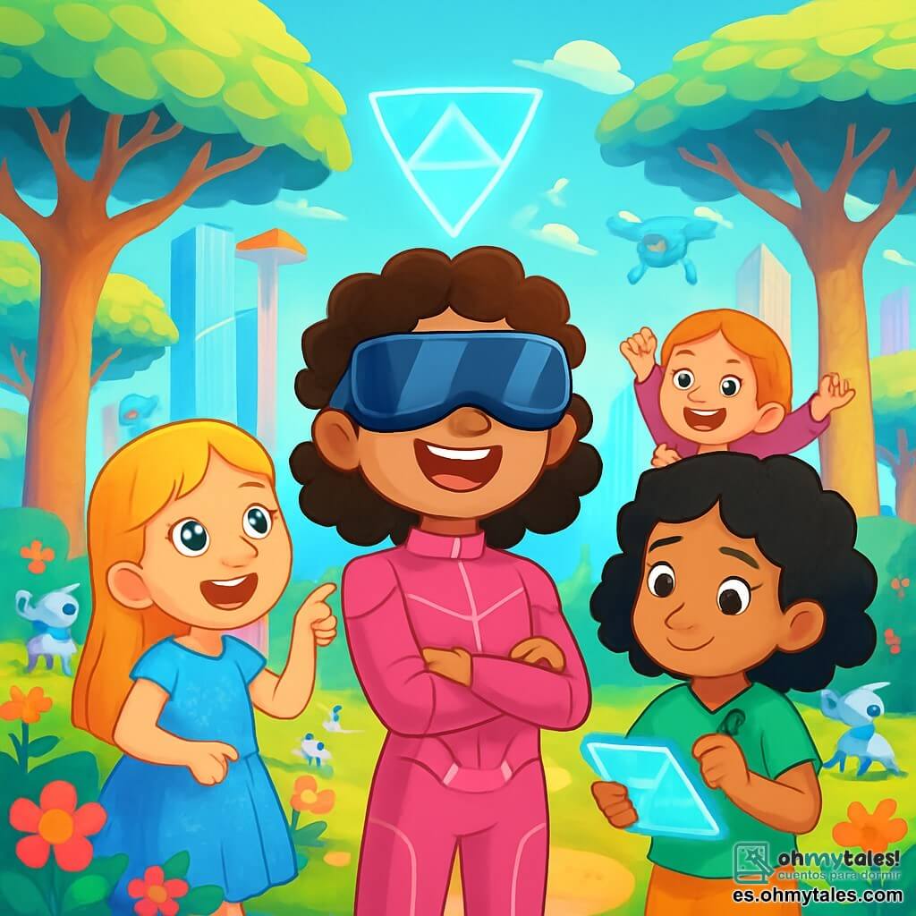 Hay 4 niños: - Diana: una niña de 8 años con cabello rizado y castaño, vestida con un traje futurista rosa y gafas de realidad aumentada. Está en el centro, con los brazos cruzados y una gran sonrisa en el rostro. - Martina: una niña de 8 años con cabello rubio y liso, vestida con un vestido azul brillante. Está a la izquierda de Diana, señalando un holograma que flota sobre ellas. - Lucía: una niña de 8 años con cabello negro y rizado, vestida con una camiseta verde y pantalones cortos. Está a la derecha de Diana, tomando notas en una tableta luminosa. - Zoe: una niña de 8 años con cabello pelirrojo y trenzas, vestida con una chaqueta violeta. Está detrás de Diana, saltando de emoción y mirando a su alrededor. El lugar es el parque central de Neónpolis, lleno de grandes árboles solares con hojas brillantes y flores multicolores que brillan bajo el sol. Drones flotan en el aire, y niños juegan en acrobacias futuristas, mientras que robots jardineros riegan las plantas. En el fondo, rascacielos transparentes y luminosos se alzan, reflejando los colores vibrantes del cielo. La situación principal muestra a las cuatro amigas descubriendo un holograma misterioso flotante frente a ellas, invitando a los niños a participar en un desafío de exploración. Todas están maravilladas, listas para sumergirse en la aventura de la ciudad futurista.