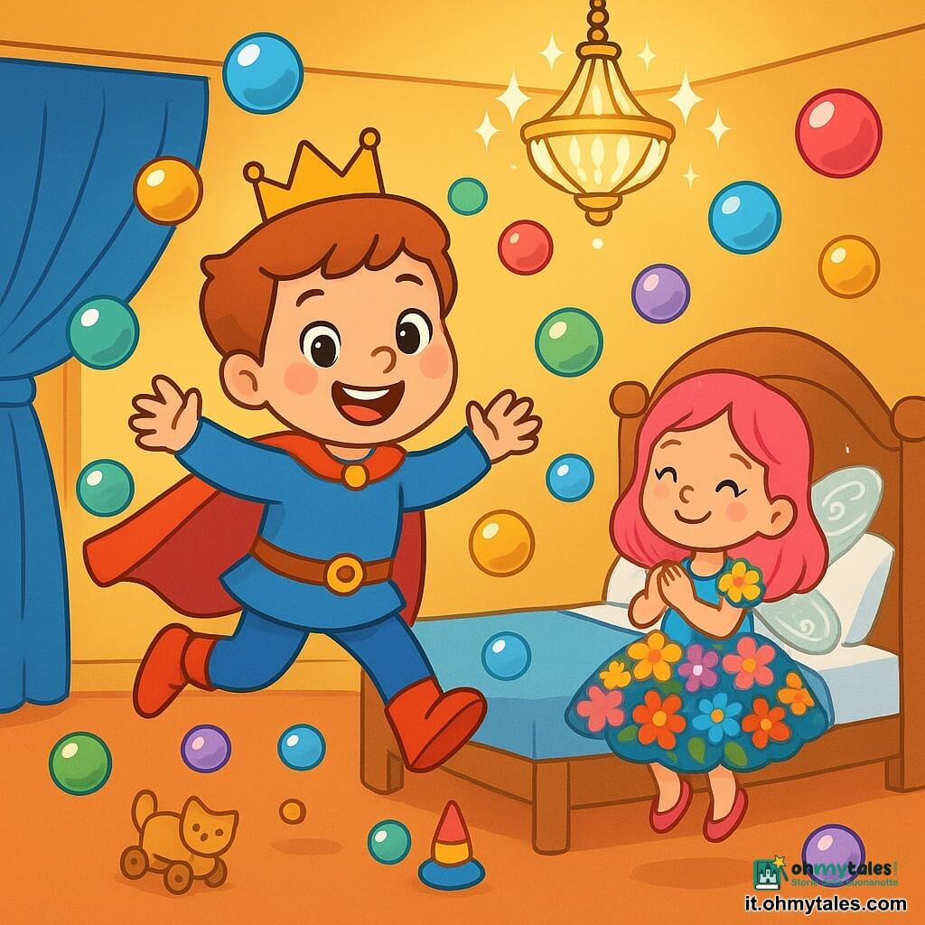 Un principe gioioso, con un piccolo naso a forma di patata e scarpe rosse che fanno “ciap ciap”, salta in una camera magica piena di bolle colorate che fluttuano attorno a lui. I suoi occhi brillano di eccitazione e il suo sorriso è ampio come un arcobaleno. Accanto a lui, una fatina scintillante, con ali di zucchero filato luccicante, sorride guardandolo. Ha i capelli rosa e indossa un vestito fatto di fiori multicolori, pronta ad aiutarlo. La camera è spaziosa, con muri dorati e tende di velluto blu. Giocattoli di legno sono sparsi sul pavimento e un grande lampadario di cristallo brilla sul soffitto, proiettando riflessi di luce. In questa scena, il principe si diverte a saltare tra le bolle che scoppiano ridendo, mentre la fatina, divertita, prepara una nuova magia per far apparire ancora più bolle.