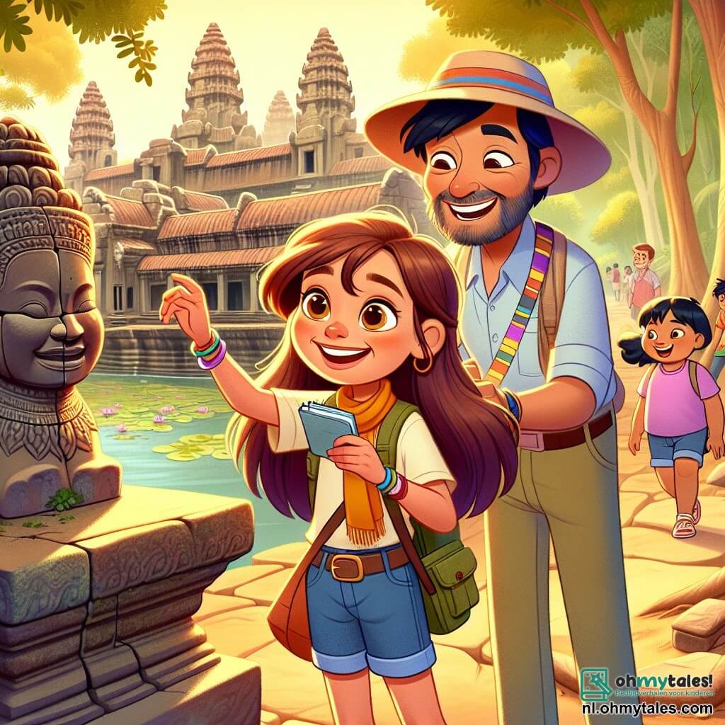 Een 10-jarig meisje, Lina, met lange bruine haren en nieuwsgierige ogen, staat in het midden van een majestueuze tempel van Angkor, omringd door grote stenen bedekt met lianen en oude sculpturen. Ze glimlacht verwonderd terwijl ze een klein notitieboekje in haar handen houdt, klaar om te tekenen wat ze ziet. Naast haar staat Mr. Sok, een man van ongeveer 60 jaar, met een brede strohoed en een kleurrijke band om zijn nek. Hij glimlacht warm naar Lina terwijl hij haar een fascinerende sculptuur op de muur van de tempel aanwijst. Op de achtergrond spelen Kambodjaanse kinderen, waaronder Dara, een 10-jarig jongetje met zwart haar en een kleurrijk t-shirt, vrolijk bij de rivier, lachend en rennend, wat leven aan de scène toevoegt. De plek is verlicht door gouden licht, met weelderige tropische bomen die de oude stenen omringen en een magische en mysterieuze sfeer creëren. De hoofdscène toont Lina, verwonderd door de schoonheid van de tempels, klaar om te verkennen en de geheimen van deze betoverende plek te ontdekken.