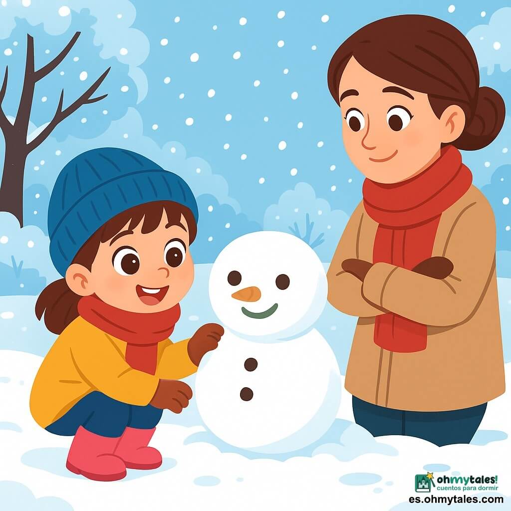 Una niña de 4 años, Lucía, con grandes ojos brillantes y una sonrisa radiante, está agachada en un jardín nevado. Lleva una bufanda roja brillante, un gorro de lana azul y botas rosas, con las mejillas sonrojadas por el frío y la emoción. A su lado, su mamá, una mujer de unos 30 años con el cabello castaño recogido en un moño, sonríe tiernamente mientras mira a su hija. Ella viste un abrigo cálido y una bufanda a juego, de pie con los brazos cruzados en una postura alentadora. El jardín es un paisaje de ensueño, cubierto de una gruesa capa de nieve brillante, con árboles cuyas ramas están cargadas de copos blancos. Al fondo, se ven huellas de pequeños animales en la nieve, añadiendo un toque de misterio. Lucía, concentrada y alegre, forma una cara sonriente en la nieve, utilizando piedras para los ojos y una hoja para la boca. La escena irradia felicidad y asombro, capturando la magia de un día de invierno.