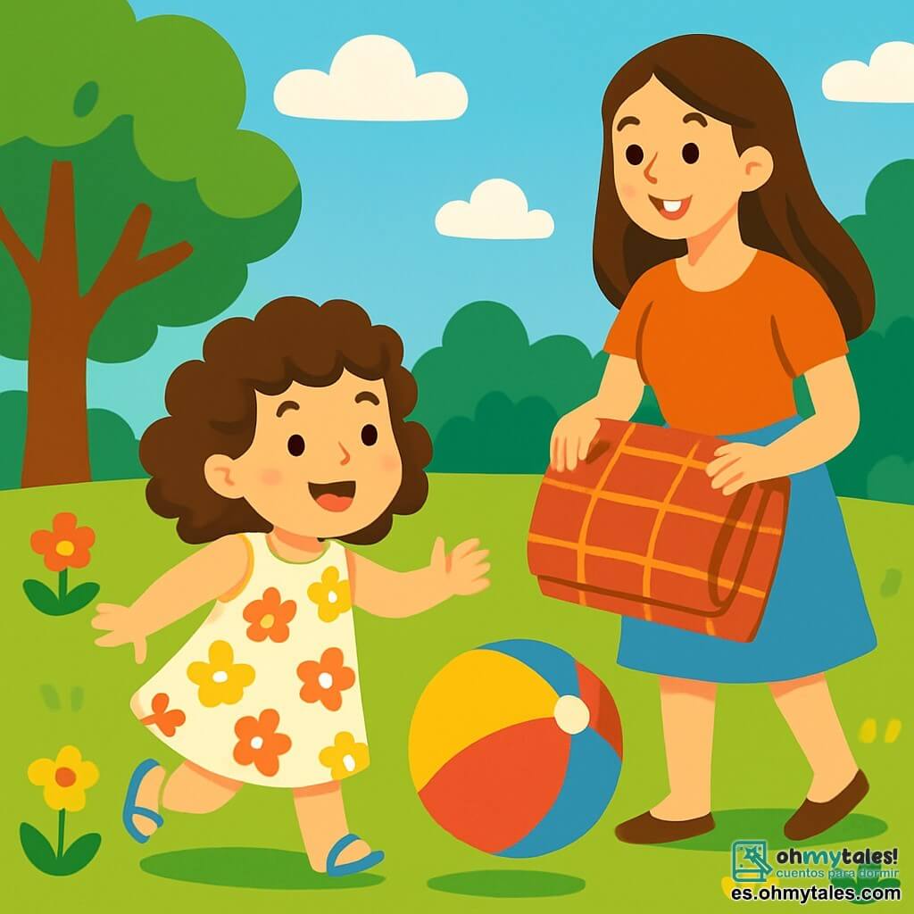 Una niña de 4 años, con cabello rizado y ojos brillantes, sonríe alegremente mientras juega con una gran pelota colorida en un parque soleado. Lleva un vestido ligero de flores y sandalias. A su lado, su mamá, una mujer de unos 30 años con cabello largo y liso, sonríe sosteniendo una manta de picnic. Están rodeadas de vegetación, con árboles majestuosos y flores de colores vivos. El cielo es azul con algunas nubes blancas. La niña ríe mientras corre tras la pelota, mientras su mamá la anima con una mirada cariñosa. Es un momento de felicidad y complicidad, lleno de alegría y risas.