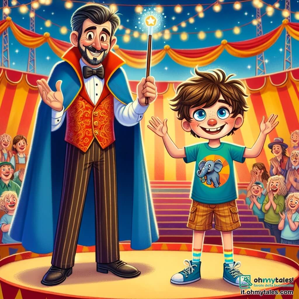 Un ragazzo di 12 anni, Marco, con capelli castani disordinati e occhi pieni di curiosità, è su un palco di circo, sorridente e con una bacchetta magica di legno in mano. Indossa una maglietta colorata e pantaloni corti, apparendo sia eccitato che un po' nervoso. Accanto a lui c'è il Grande Zandor, un uomo magro di circa 40 anni, con un cilindro nero e un lungo mantello blu, che sorride benevolmente mentre alza le braccia per far apparire un elefante. Ha una barba ben curata e occhi maliziosi, osservando Marco con orgoglio. Il contesto è un circo vibrante, con tende a righe rosse e gialle, luci scintillanti e spettatori entusiasti che applaudono. In secondo piano, palloni colorati fluttuano nell'aria e artisti si preparano per lo spettacolo. La scena principale mostra Marco pronto ad aiutare Zandor a far scomparire un elefante, circondato da risate e applausi, mentre un clown divertito osserva con un sorriso complice.