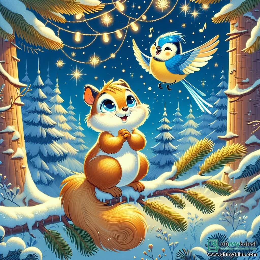 In the center of the image, a young squirrel named Oliver, with golden-brown fur and a bushy tail, stands on a branch of a tall pine tree, his face lit up by a delighted smile. His eyes sparkle with joy as he watches snowflakes fall around him, creating a magical atmosphere. Beside him, a cheerful blue tit named Melody, with bright feathers and a playful demeanor, sings a sweet melody, her wings slightly spread. She perches on another branch, looking at Oliver with admiration. In the background, a snowy forest stretches as far as the eye can see, with majestic fir trees covered in sparkling snow and bright stars in a deep night sky. Strings of twinkling lights hang between the branches, adding a festive touch to the scene. The main focus shows Oliver, full of hope, making a wish by raising his paws towards the starry sky, while the magic of Christmas seems to envelop the forest in a soft golden glow.
