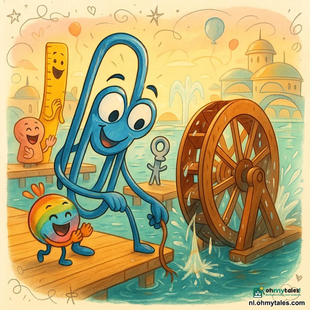 Pippa, een grote blauwe metalen paperclip met ronde ogen en een glimlach, buigt zich geconcentreerd voorover om een dun touwtje uit een groot waterwiel te trekken; Knut, een regenboogkleurige ronde knoop met kleine armpjes en een guitig gezicht, juicht naast haar op het platform. Een groepje levendige voorwerpen—een lachende gele liniaal, een roze kurkenkop die klapt en een trotse zilveren sleutel—staat op de achtergrond te kijken. Decor: een drijvende stad op een blauwgroene zee met glazen straten, ronde gebouwen, boogachtige loopbruggen, fonteinen en kleurrijke ballonnen. Hoofdscène: reparatie van het waterwiel bij zonsondergang, gouden schittering op de druppels, het wiel komt weer tot leven, warme samenwerkende sfeer, heldere jeugdige kleuren en zachte contouren.