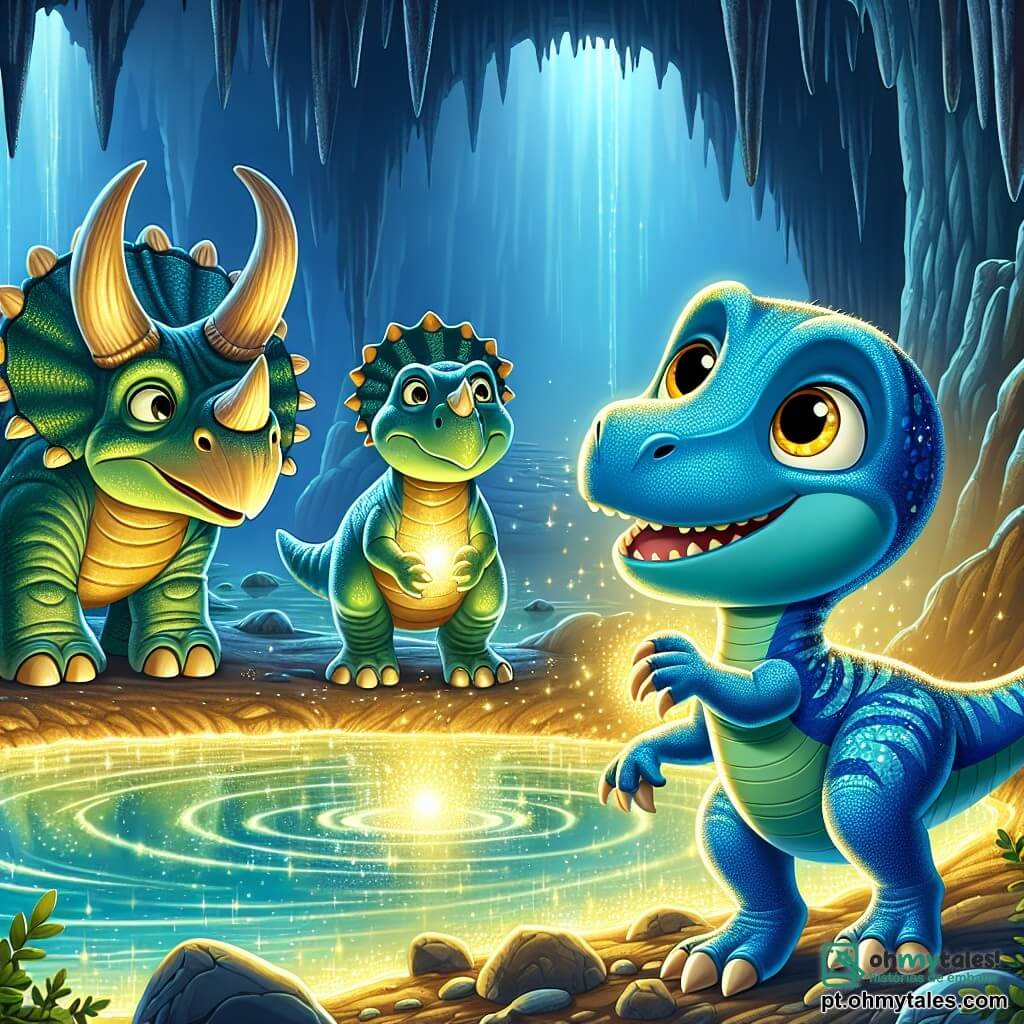Um velociraptor chamado Rafi, com escamas de um azul brilhante e olhos cheios de curiosidade, está à beira de um lago mágico, com as patas dianteiras ligeiramente levantadas, expressando deslumbramento em seu rosto. Ao seu lado, Tila, um tricerátopo com três majestosas chifres e pele verde, observa o lago com fascinação, enquanto Grom, um anquilossauro robusto com uma carapaça espessa e uma cauda massiva, permanece ao fundo, pronto para proteger seus amigos. O cenário é uma caverna misteriosa, com paredes cintilantes, onde a água do lago brilha com uma luz dourada, iluminando os rostos dos dinossauros. A cena principal mostra Rafi e seus amigos descobrindo o lago mágico, um momento de alegria e deslumbramento, enquanto percebem que algo especial os aguarda.