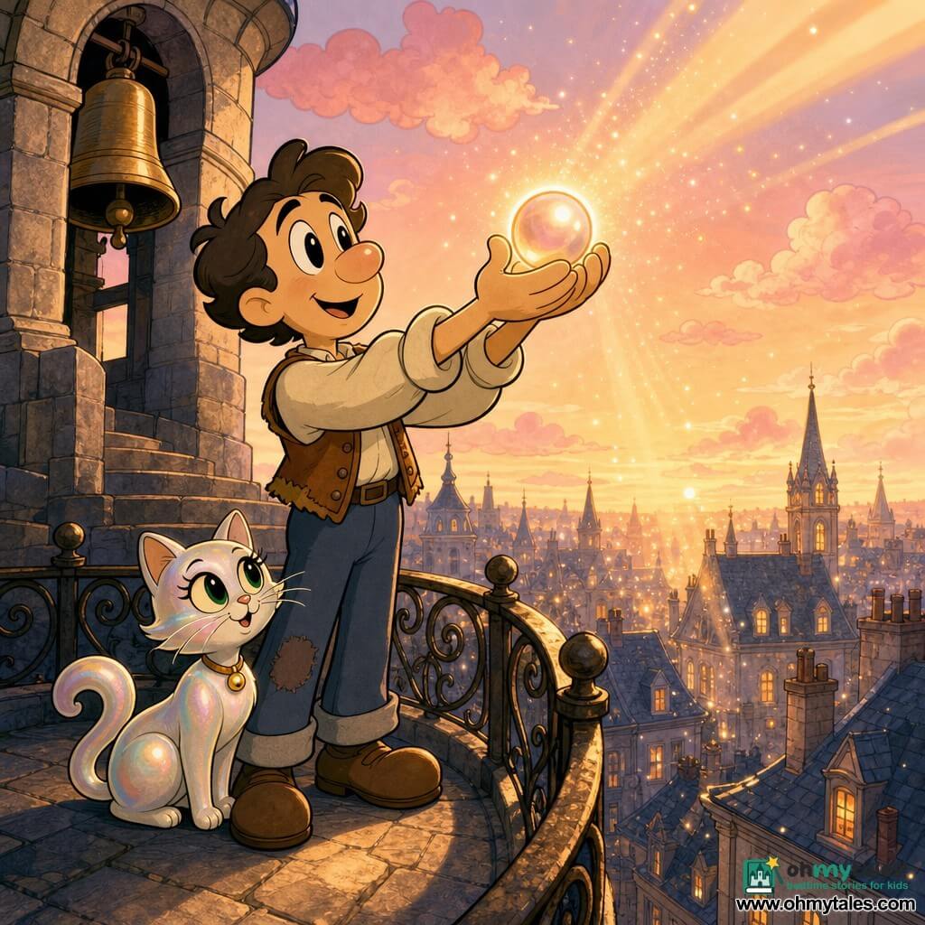 Orin, a gentle-faced man with wide bright eyes and a serene, amazed expression, stands at the parapet of a gray stone bell tower holding a glowing golden-pink pearl in both hands raised slightly toward the sky; at his feet sits Whisper, a pearly iridescent female cat with large green lantern eyes and a curled tail, watching the pearl with curiosity. The worn wide steps and wrought-iron balustrade overlook a town of silver slate roofs, thin chimneys and lit windows as dawn paints the sky pink-orange with fluffy clouds and broad golden rays. The pearl emits a soft halo and falling sparkling particles over a peaceful, hopeful, magical scene. Palette: warm pastel tones (pinks, golds, creams) with night-blue and stone-gray accents, clean lines, slightly curved black outlines, simple contrasted shadows.