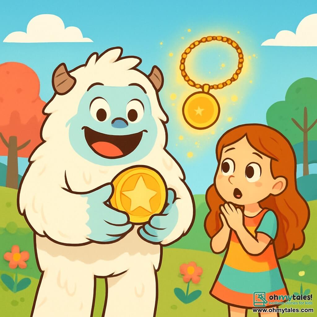 A cheerful and friendly yeti with fluffy white fur, sparkling curious eyes, and a big smile stands at the center of the scene. He holds a shiny piece of the artifact in his large hands, his face beaming with excitement. Beside him is a young girl named Lyra, around 10 years old, with long wavy hair and a colorful dress, watching the sparkling piece in awe. She stands slightly back, wide-eyed, ready to assist her friend. A magical necklace, Glimmer, floats around them, emitting a soft golden glow. The setting is a magical plain dotted with green hills and vibrant flowers. Candy-like trees rise in the background, and a clear blue sky illuminates the scene. The main situation shows Yuki and Lyra discovering a piece of the ancient artifact together, surrounded by a joyful and enchanted atmosphere as the magic of the plain envelops them.