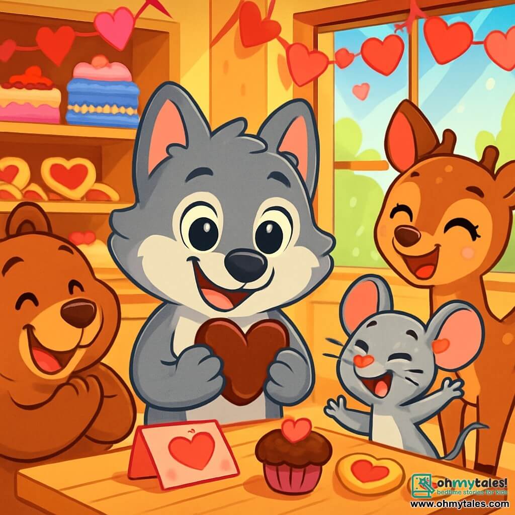 A little wolf named Leo, with soft gray fur and large sparkling eyes full of curiosity, holds a chocolate heart in his front paws, displaying a wide joyful smile. Next to him, Benny, a round-faced friendly brown bear, licks his lips excitedly, while Mia, a small mouse with large pink ears, jumps for joy, her eyes shining with enthusiasm. Daisy, a beautiful doe with gentle eyes and white spots on her fur, claps cheerfully, her smile radiating happiness. The scene takes place in Heartville's bakery, filled with delicious pastries, colorful cakes, heart-shaped cookies, and pink and red paper garlands hanging from the ceiling. Sunlight filters through the windows, illuminating the festive atmosphere. Leo and his friends are enjoying treats while discovering a mysterious Valentine's message, surrounded by sweets and laughter, their friendship glowing in the air filled with the sweet scent of cakes.