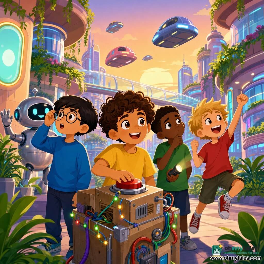 Four children: Leo, 10, curly brown hair, sparkling eyes, yellow T‑shirt, center with his hand on a large red button of a homemade cardboard-and-metal machine; Max, 9, straight hair, round glasses, blue hoodie, looking amazed toward a futuristic city to Leo's left; Sam, 10, short brown hair, thoughtful expression, green shirt, holding a small flashlight just behind Leo, tilting his head; Jake, 9, tousled blond hair, red T‑shirt, jumping for joy to Leo's right while looking at flying cars. They stand on a colorful sunset street in a pastel, glass-clad futuristic city with rooftop gardens, transparent walkways, rounded light panels and floating silent cars; behind them a friendly round silver robot greets them. The homemade machine with wires and garlands sits on the sidewalk in the foreground; the mood is wonder and discovery with soft lights, strong contrasts, simple shapes and bright colors.