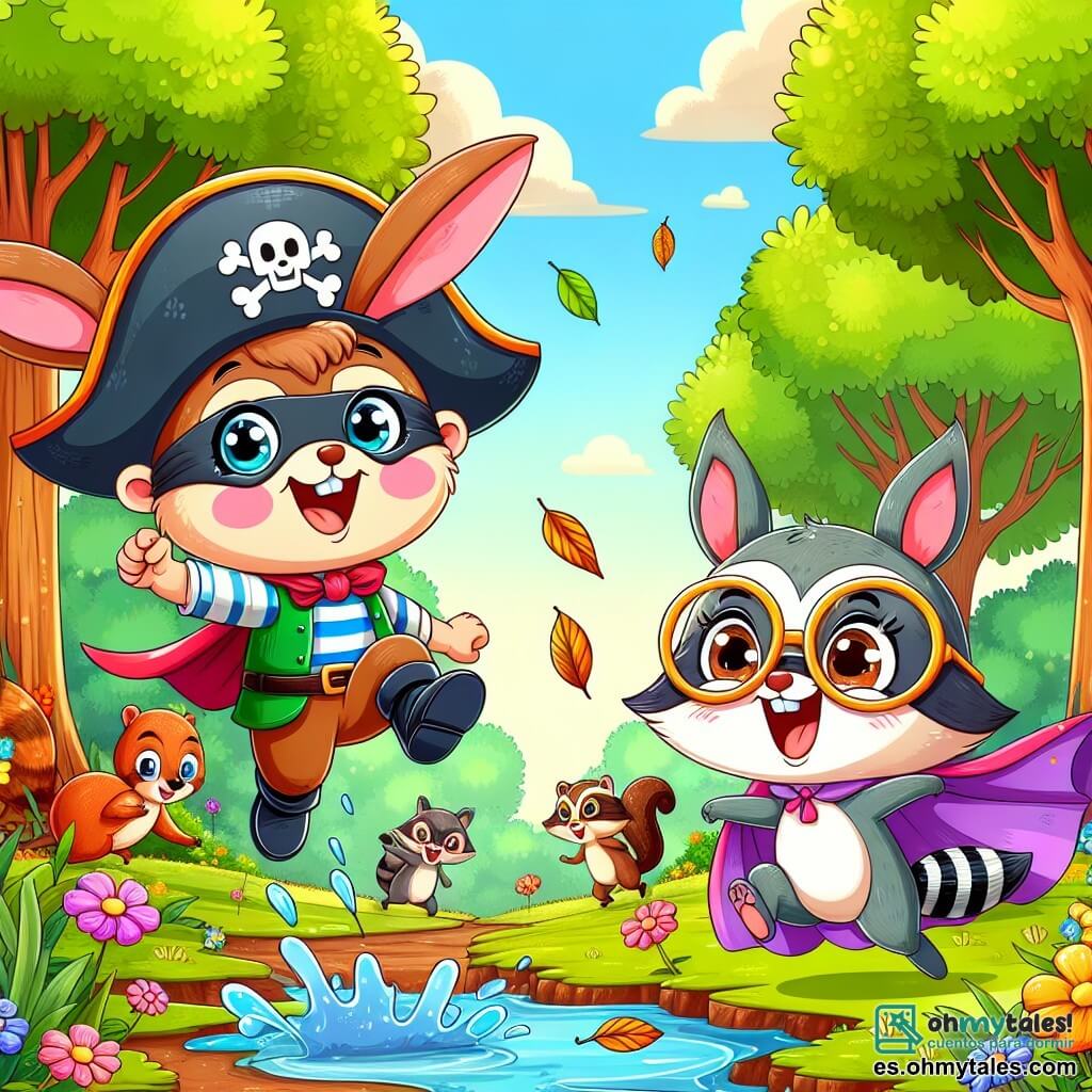 Un pequeño conejo con grandes orejas y ojos brillantes, llevando un sombrero de pirata, está riendo a carcajadas, con las patas levantadas en el aire, en una pose alegre. A su lado, una ardillita con una capa de superheroína, con los ojos brillantes de emoción, está saltando sobre un charco de agua, salpicando gotas a su alrededor. Un poco más lejos, un mapache con grandes gafas divertidas, sentado en un montón de hojas, se levanta riendo después de haberse resbalado en el barro. El escenario es un hermoso bosque primaveral, con árboles de troncos gruesos, flores coloridas que salpican el suelo y un cielo azul brillante. La escena muestra una carrera loca y divertida entre amigos, llena de risas y alegría, donde cada uno intenta superar obstáculos mientras se disfraza de manera lúdica.