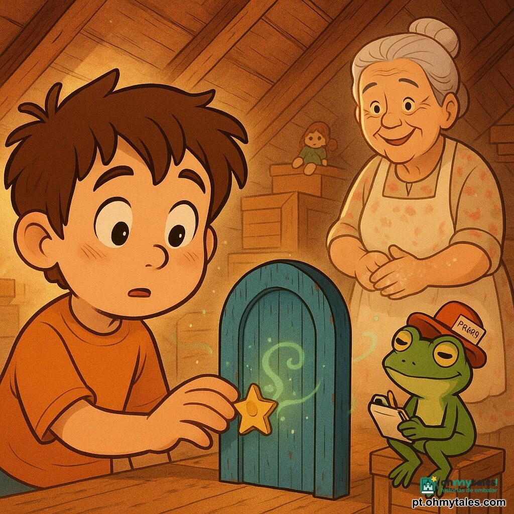 Um menino de 8 anos, Tomé, rosto redondo, cabelos castanhos despenteados, olhos grandes e curiosos, expressão maravilhada e um pouco tímida, segura um pequeno pomo em forma de estrela e apoia a mão numa minúscula porta de madeira azul; uma avó de cerca de 70 anos, pele enrugada e suave, cabelo grisalho preso em coque, vestido florido com manchas de farinha, sorri ternamente ao fundo do sótão com as mãos ainda poeirentas de farinha; um pequeno sapo repórter não humano, de chapéu vermelho de jornalista e caderno na mão, sentado numa caixa de madeira perto da porta com olhar malicioso como se tomasse notas; a cena passa num sótão banhado por luz empoeirada com vigas de madeira, caixas empilhadas, velhas bonecas e um raio de luz que faz dançar partículas de pó; a porta azul está no meio do chão empoeirado, verniz lascado, pequena fechadura de latão em forma de estrela de onde emana um brilho verde suave e volutas de névoa com cheiro de chuva; ambiente de cores quentes e aveludadas, traços arredondados, texturas de madeira e tecido visíveis, contraste entre o ordinário do sótão e a magia da porta; composição: Tomé em primeiro plano à esquerda, a porta ao centro, a avó ao fundo à direita e o sapo repórter perto da porta para adicionar humor e curiosidade.
