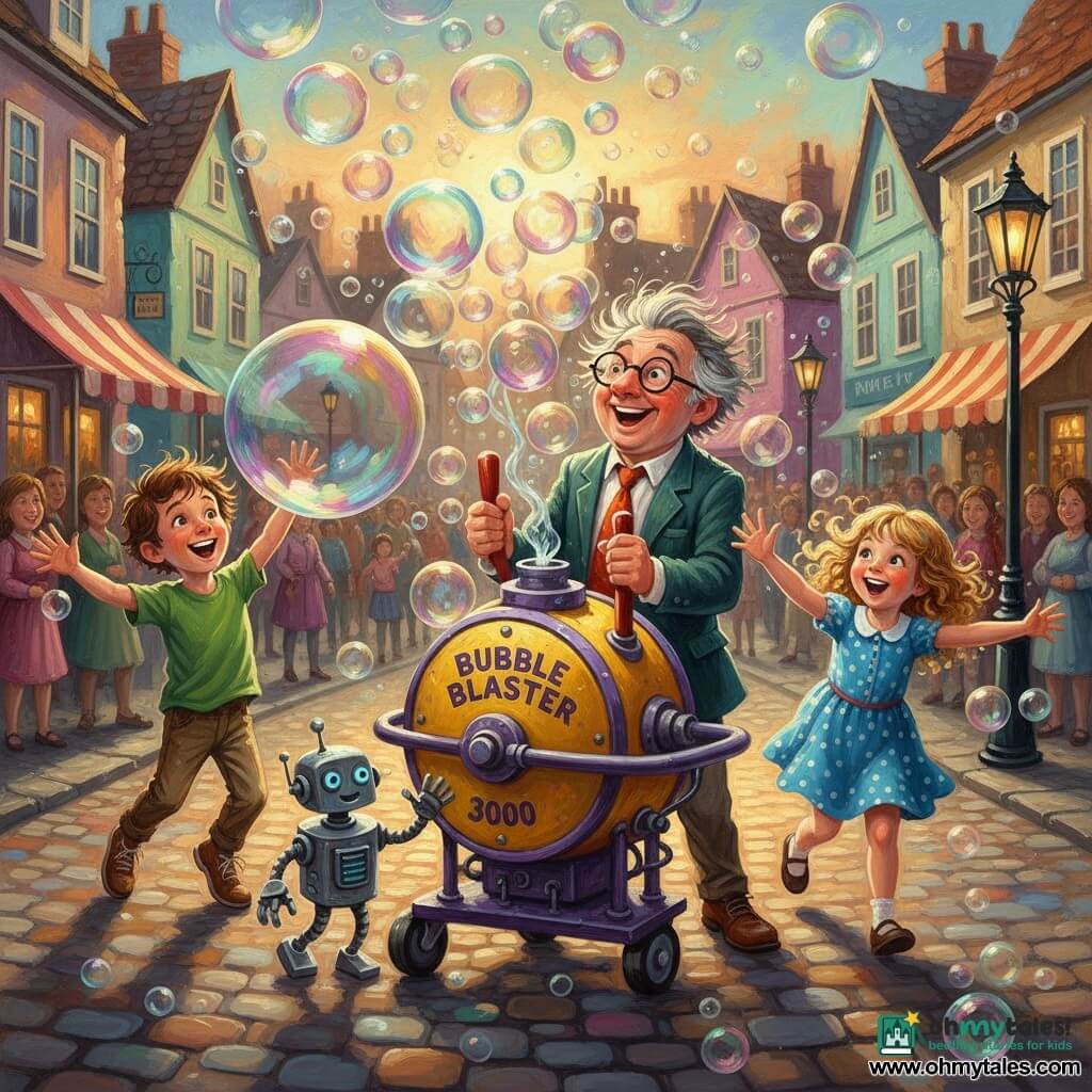 An inventor (Mr. Bogglewump), about fifty, round face, messy gray hair and thick glasses, joyful and amazed, holds a large red lever as a cascade of colorful bubbles pours out; to his right Lily, ~8, curly blonde hair in a blue polka-dot dress, runs smiling with arms out to catch bubbles; to his left Max, ~8, messy brown hair in a green T-shirt, jumps to swat a giant bubble; near the inventor’s feet a small shiny silver robot (Tink) with blue lamp eyes reaches a mechanical hand toward the bubbles. The scene is a cobbled village square with pastel houses, stalls and an amber late-afternoon sky, wet ground reflecting multicolored bubbles. Central is the Bubble Blaster 3000, a round yellow-and-purple metal machine with pipes, dials and a large mouth spewing a continuous stream of iridescent bubbles. Style: acrylic painting, textured brushstrokes, vivid contrasting colors, joyful magical atmosphere and dynamic composition with floating bubbles and glints of light.