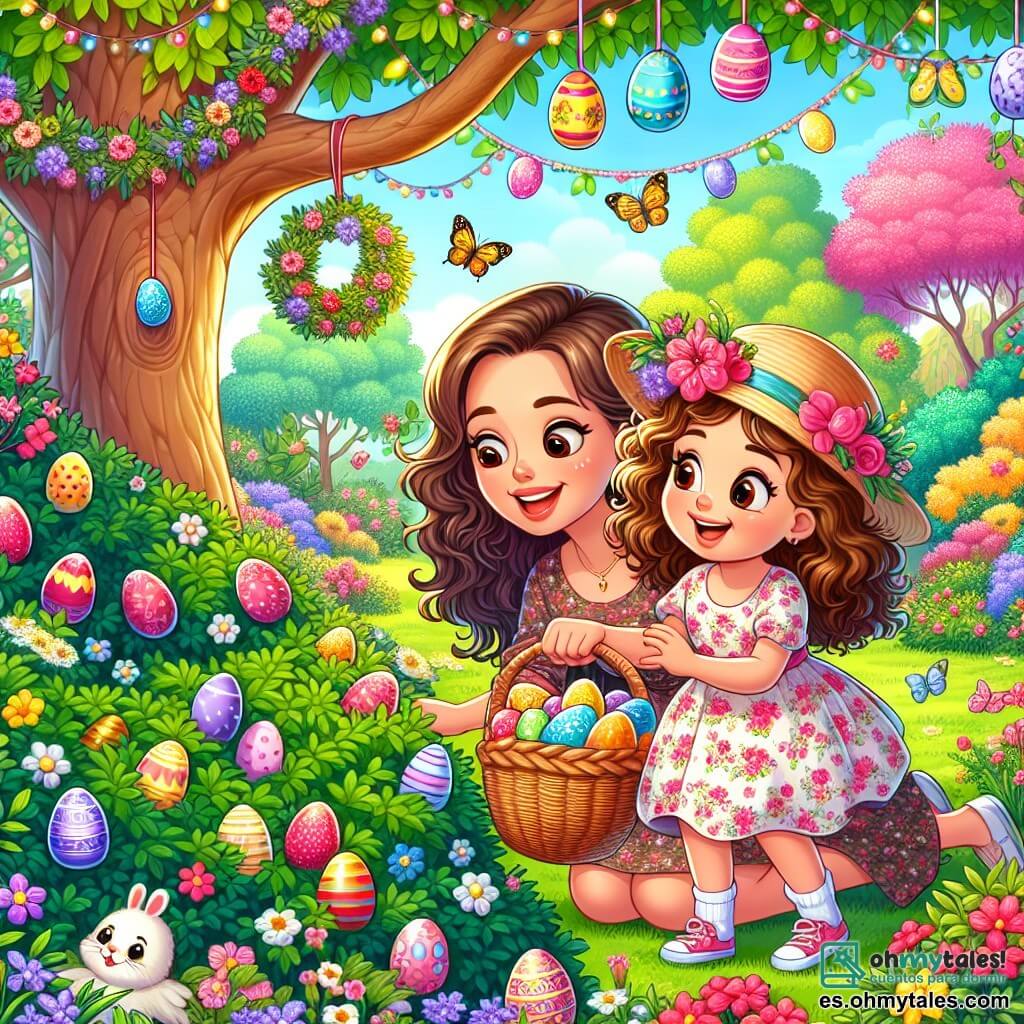 Una niña de 8 años, Clara, con cabello castaño y rizado, sonríe mientras busca huevos de Pascua en un jardín colorido. Lleva un vestido ligero con flores y un sombrero de paja, agachada, examinando un arbusto. A su lado, su mamá, una mujer de unos 30 años con cabello castaño recogido en un moño, sonríe sosteniendo una cesta llena de huevos decorados, observando a su hija con orgullo, rodeada de decoraciones de Pascua. El jardín está lleno de flores brillantes, mariposas y arbustos verdes, con un gran árbol en el centro y una pequeña mesa de picnic decorada con guirnaldas coloridas. Clara, emocionada, descubre un huevo dorado brillante escondido detrás de un arbusto, simbolizando la magia de Pascua.