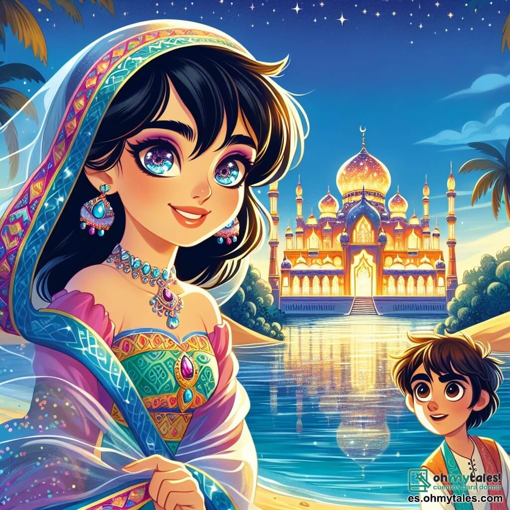 Salima, una joven de ojos brillantes y sonrisa radiante, está al borde de un lago de cristal, con su cabello negro flotando suavemente en la brisa. Lleva un vestido colorido con motivos arabescos y su rostro expresa curiosidad maravillada. A su lado, Samir, un niño de cabello despeinado y piel bronceada, observa fascinado el reflejo del palacio de cristal en el agua. Tiene unos 12 años y viste ropa sencilla pero colorida, con una expresión traviesa. Al fondo, el palacio brilla bajo la luz de la luna, rodeado de dunas doradas y palmeras de hojas verde esmeralda. La escena emana una atmósfera mágica, con estrellas brillantes iluminando el cielo nocturno. Salima y Samir se preparan para entrar en el misterioso palacio, con sus corazones latiendo de emoción ante la aventura que les espera.