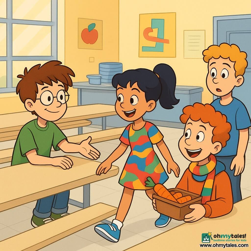 Ten-year-old Jamie, shy but brave with messy brown hair, thin glasses, a green T-shirt and green sneakers, sits at the edge of a plastic cafeteria table reaching out to invite a friend; ten-year-old Maya, black hair in a ponytail and a colorful dress with bright, mischievous eyes, enthusiastically walks to the table to Jamie’s right; ten-year-old Sam, curly red hair and a colorful scarf, sits opposite holding a box of carrots and offers one with a smile; ten-year-old Leo in a blue T-shirt stands by the table looking surprised then embarrassed; the bright school cafeteria with large sunlit windows, long beige plastic tables, colorful posters and stacked trays conveys a warm, inclusive, joyful 1990s cartoon-style scene with vivid colors and soft outlines.