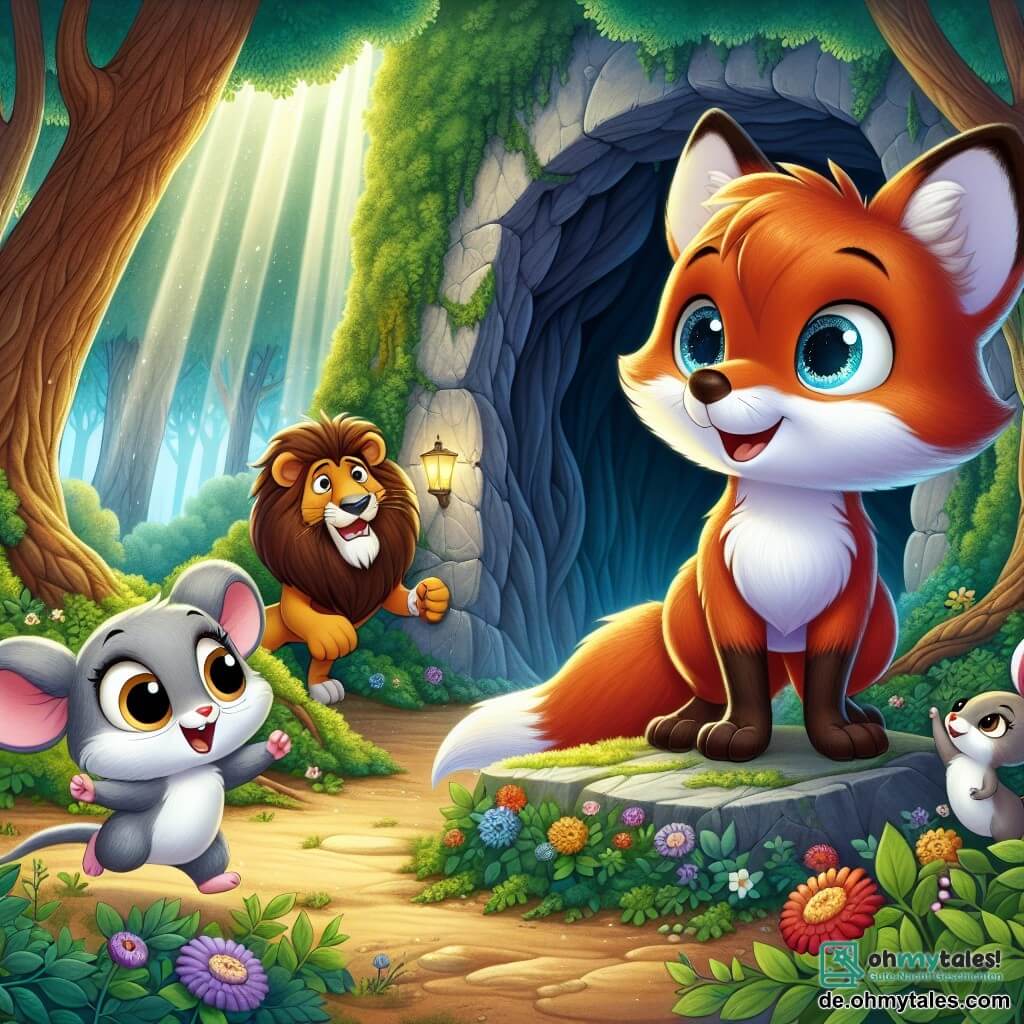 Ein kleiner Fuchs namens Felix, mit leuchtend orangefarbenem Fell und neugierigen, funkelnden Augen, steht mutig vor dem Eingang einer großen, geheimnisvollen Höhle, ein begeistertes Lächeln auf seinem Gesicht. Neben ihm schaut Mia die Maus, klein und grau mit großen runden Augen, mit einer Mischung aus Aufregung und Besorgnis auf die Höhle, während sie auf einem Stein steht, bereit, ihrem Freund zu folgen. Leo der Löwe, majestätisch mit seiner goldenen Mähne und einem beschützenden Blick, steht etwas im Hintergrund und zeigt einen entschlossenen Ausdruck, bereit, seine Freunde zu unterstützen. Lila der Hase, mit ihrem weißen Fell und den großen aufrechten Ohren, hüpft fröhlich neben Felix, ihr Gesicht strahlt vor Glück. 

Die Szene spielt in einem verzauberten Wald, wo große Bäume mit dicken Stämmen und leuchtend grünen Blättern den Eingang der Höhle umgeben, die von Sonnenstrahlen erleuchtet wird, die durch das Laub filtern. Bunte Blumen streuen den Boden und verleihen der Umgebung einen Hauch von Magie. 

Felix und seine Freunde bereiten sich darauf vor, in die geheimnisvolle Höhle einzutreten, voller Aufregung und Vorfreude, bereit, die versteckten Geheimnisse darin zu entdecken.