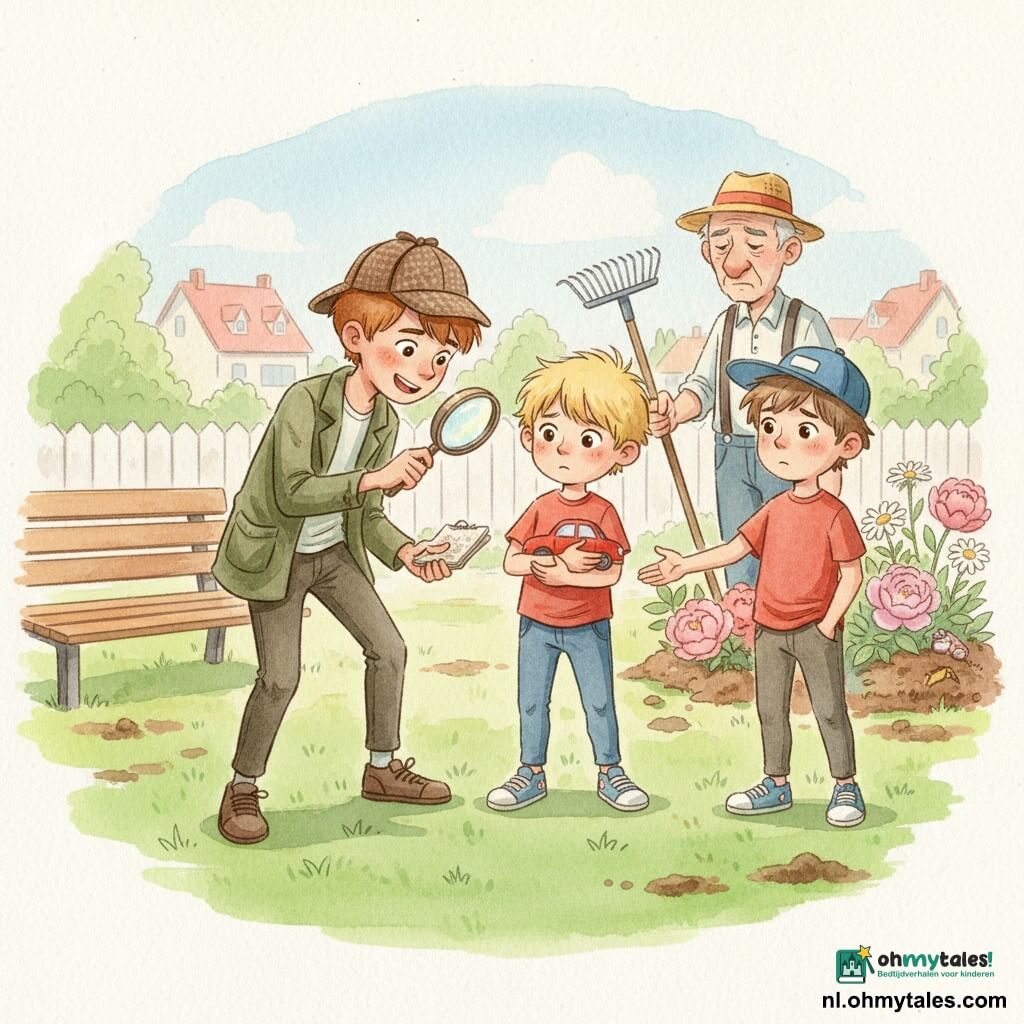 Tim, ongeveer 9 jaar, kastanjebruin kort haar, draagt een vintage detectivepet, kaki jas en houdt een notitieboekje en een vergrootglas vast terwijl hij geconcentreerd en glimlachend naar een speelgoedautootje kijkt; Max, ongeveer 8 jaar, warrig blond haar, rood T-shirt, houdt het rode autootje opgelucht tegen zich aan met glanzende ogen; Tom, ongeveer 9 jaar, bruin haar en honkbalpet, kijkt verlegen maar geruststellend en steekt een hand uit naar Max om zich te verontschuldigen; de heer Groot, circa 60, gerimpeld gezicht, bretels en hoed, staat aan de rand met een hark, minder boos en kijkend naar een platgelopen bloemperk; scène in een zonnig buurtpark met een groene, modderige grasmat, houten bankje, kleurrijk bloemperk, witte houten schutting en huizen met rode daken in de verte; hoofdmoment: de vondst van het autootje, warm, zacht van sfeer in pastelkleuren en vage aquarelstreken.