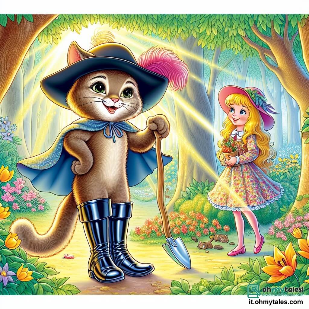 Al centro dell'immagine, il Gatto con gli Stivali, un gatto elegante con una pelliccia morbida e setosa, indossa stivali neri lucidi e un cappello con piume colorate. La sua espressione è gioiosa e determinata, con occhi scintillanti di malizia, mentre tiene una piccola pala di legno, pronto a piantare semi di gentilezza. Accanto a lui, Clara, una ragazza di circa 10 anni, ha lunghi capelli biondi e un sorriso radioso. Indossa un vestito colorato decorato con fiori e guarda il Gatto con gli Stivali con ammirazione, tenendo una piccola borsa piena di semi luminosi. Sullo sfondo, si estende una foresta incantata, con alberi maestosi dalle foglie dorate e fiori cantanti che danzano al vento. Un raggio di sole filtra tra i rami, illuminando la scena con una luce dolce e calda. La scena principale mostra il Gatto con gli Stivali e Clara intenti a piantare semi nella terra fertile, circondati da animali curiosi che li osservano con occhi meravigliati. Sono in piena azione, pronti a diffondere gentilezza e gioia nel loro mondo magico.